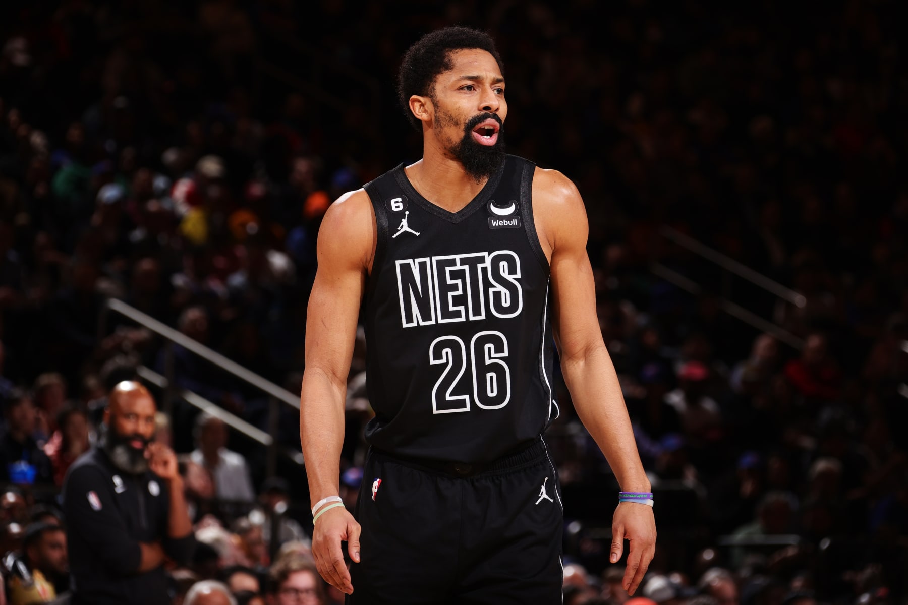 NEW YORK, NY - FEBRUARY 13: Spencer Dinwiddie #26 of the Brooklyn Nets looks on during the game against the New York Knicks on February 13, 2023 at Madison Square Garden in New York City, New York.  NOTE TO USER: User expressly acknowledges and agrees that, by downloading and or using this photograph, User is consenting to the terms and conditions of the Getty Images License Agreement. Mandatory Copyright Notice: Copyright 2023 NBAE  (Photo by Nathaniel S. Butler/NBAE via Getty Images)