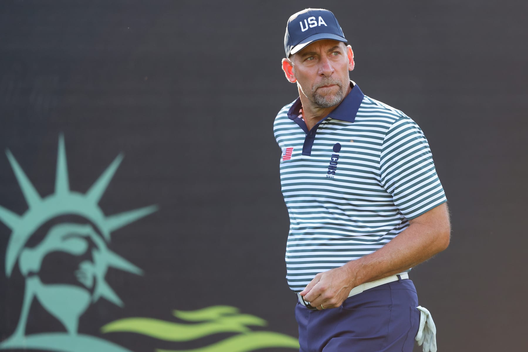 JERSEY CITY, NEW JERSEY - JUNE 30: John Smoltz looks on prior to the start of day one of the ICON Series at Liberty National Golf Club on June 30, 2022 in Jersey City, New Jersey. (Photo by Mike Stobe/Getty Images)