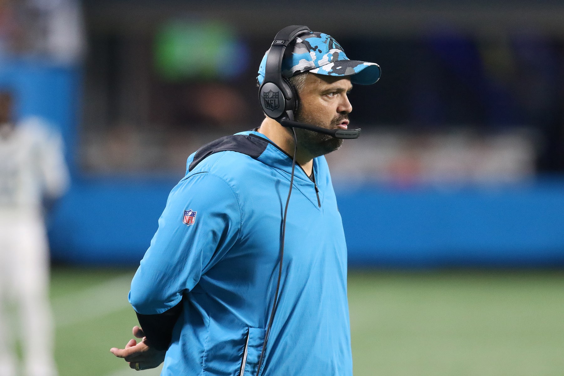 CHARLOTTE, NC - AUGUST 26: Carolina Panthers head coach Matt Rhule during a NFL preseason football game between the Buffalo Bills and the Carolina Panthers on August 26, 2022 at Bank of America Stadium in Charlotte, N.C. (Photo by John Byrum/Icon Sportswire via Getty Images)