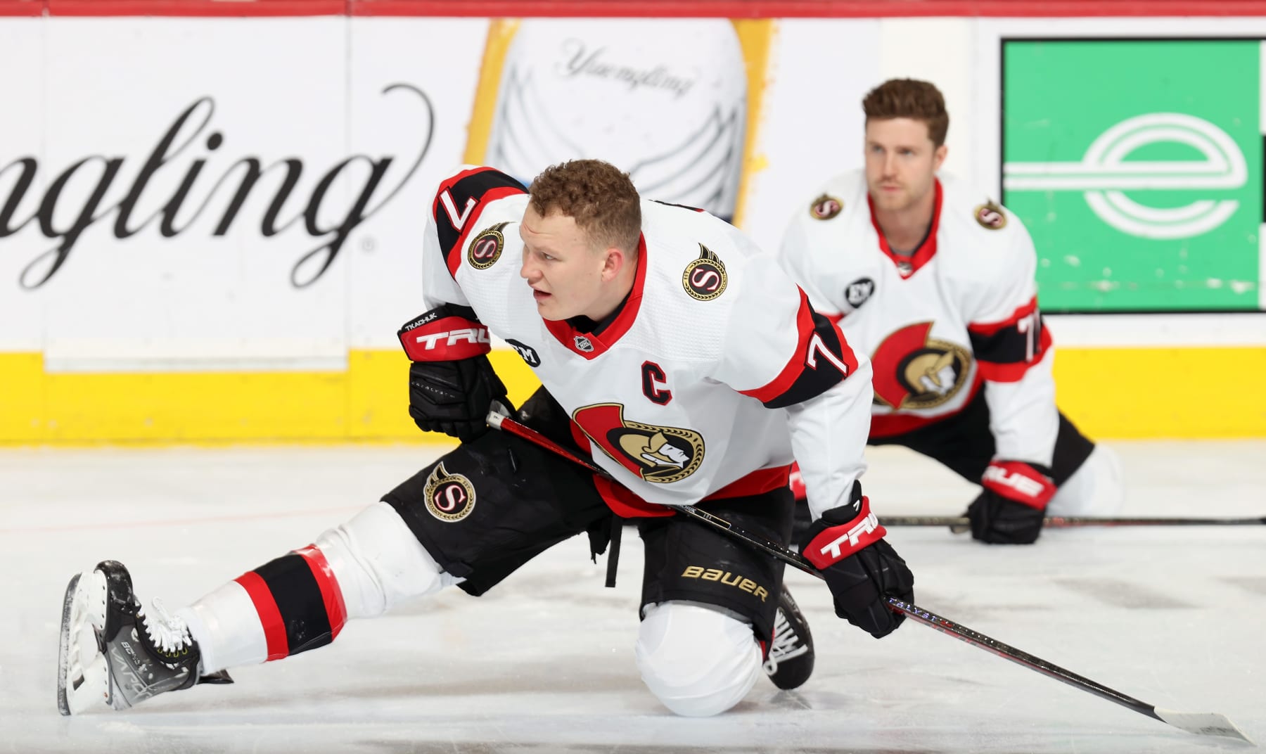 PHILADELPHIA, PA - APRIL 29:  Brady Tkachuk #7 of the Ottawa Senators stretches during warm-ups prior to his game against the Philadelphia Flyers at the Wells Fargo Center on April 29, 2022 in Philadelphia, Pennsylvania.  (Photo by Len Redkoles/NHLI via Getty Images)