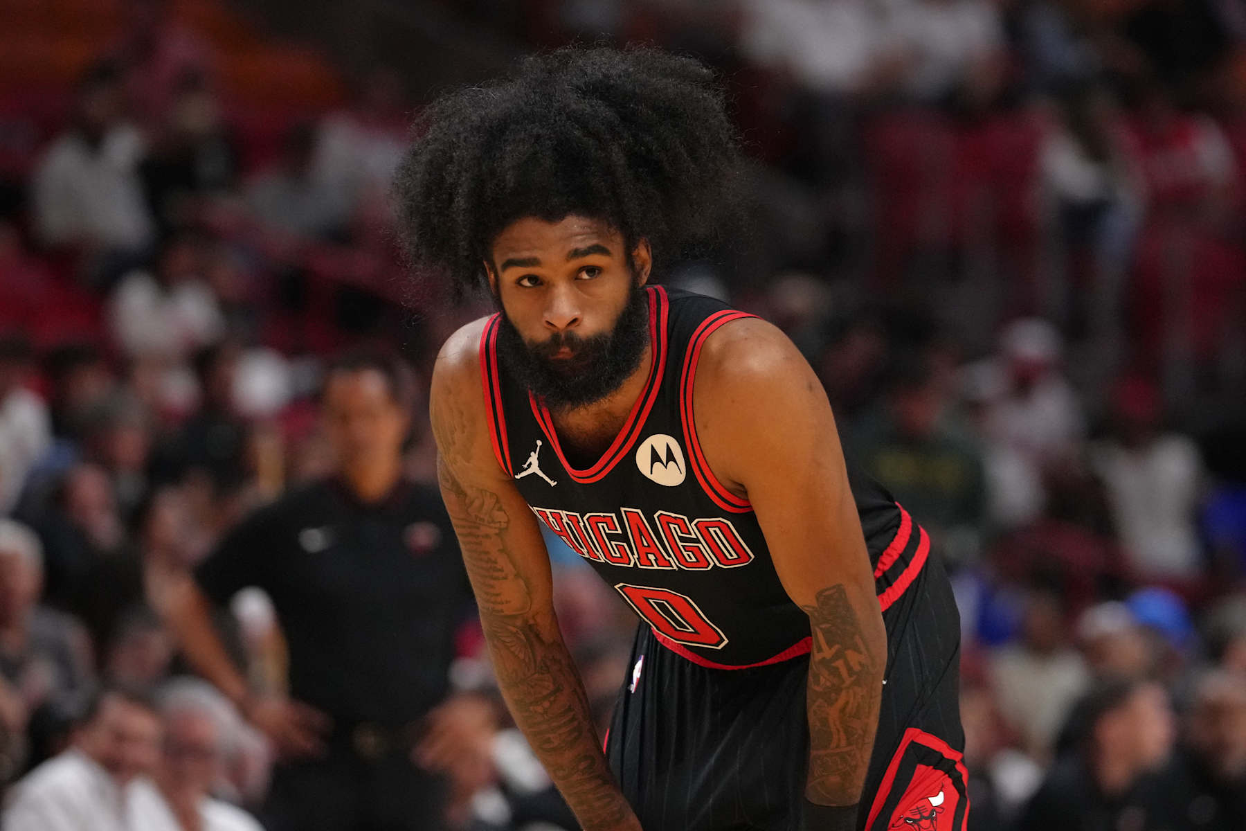 MIAMI, FL - APRIL 19: Coby White #0 of the Chicago Bulls looks on during the game against the Miami Heat during the 2024 SoFi Play-In Tournament on April 19, 2024 at Kaseya Center in Miami, Florida. NOTE TO USER: User expressly acknowledges and agrees that, by downloading and or using this Photograph, user is consenting to the terms and conditions of the Getty Images License Agreement. Mandatory Copyright Notice: Copyright 2024 NBAE (Photo by Eric Espada/NBAE via Getty Images)