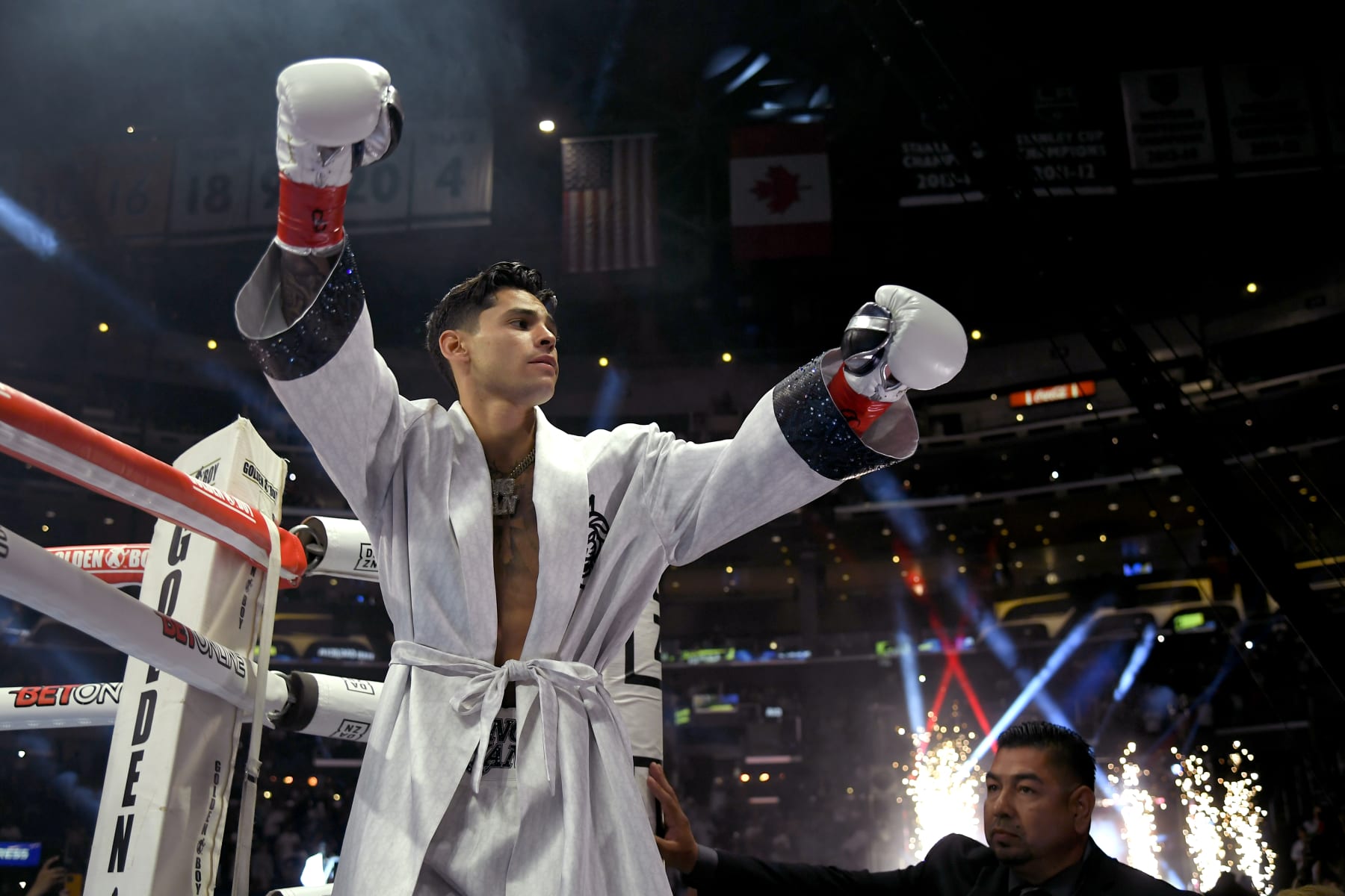 LOS ANGELES, CA - JULY 16: Ryan Garcia walks into the ring to fight Javier Fortuna at the Crypto.com Arena on July 16, 2022 in Los Angeles, United States. (Photo by John McCoy/Getty Images)
