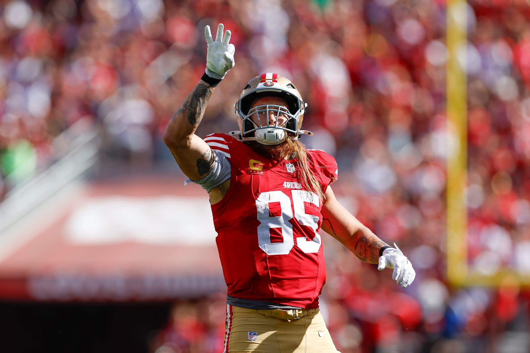 SANTA CLARA, CALIFORNIA - OCTOBER 20: George Kittle #85 of the San Francisco 49ers celebrates during the first half against the Kansas City Chiefs at Levis Stadium on October 20, 2024 in Santa Clara, California. (Photo by Aaron M. Sprecher/Getty Images)