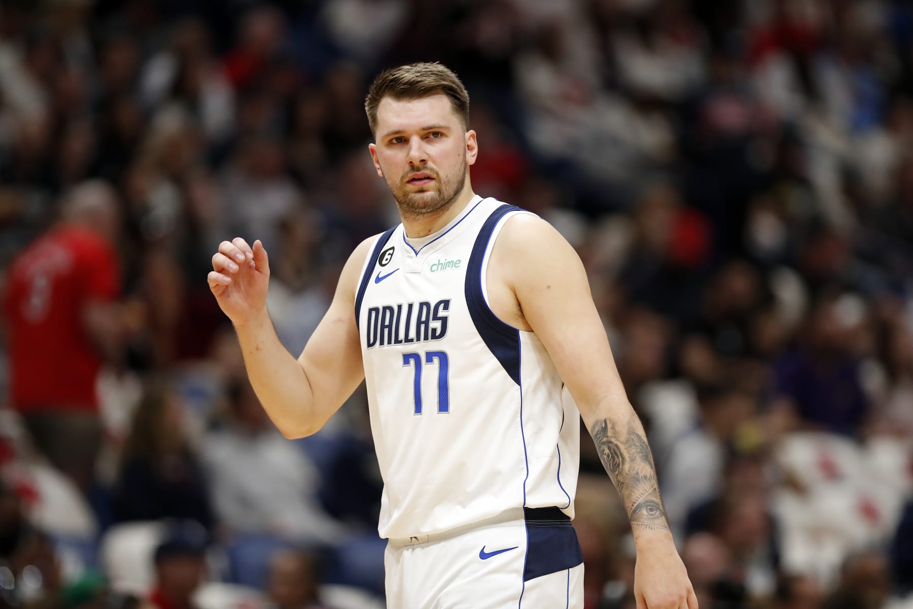 Dallas Mavericks guard Luka Doncic (77) in the first half of an NBA basketball game against the New Orleans Pelicans in New Orleans, Wednesday, March 8, 2023. (AP Photo/Tyler Kaufman)