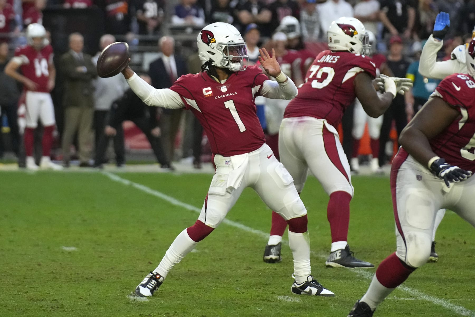 Arizona Cardinals quarterback Kyler Murray (1) during the first half of an NFL football game against the Los Angeles Chargers, Sunday, Nov. 27, 2022, in Glendale, Ariz. (AP Photo/Rick Scuteri)