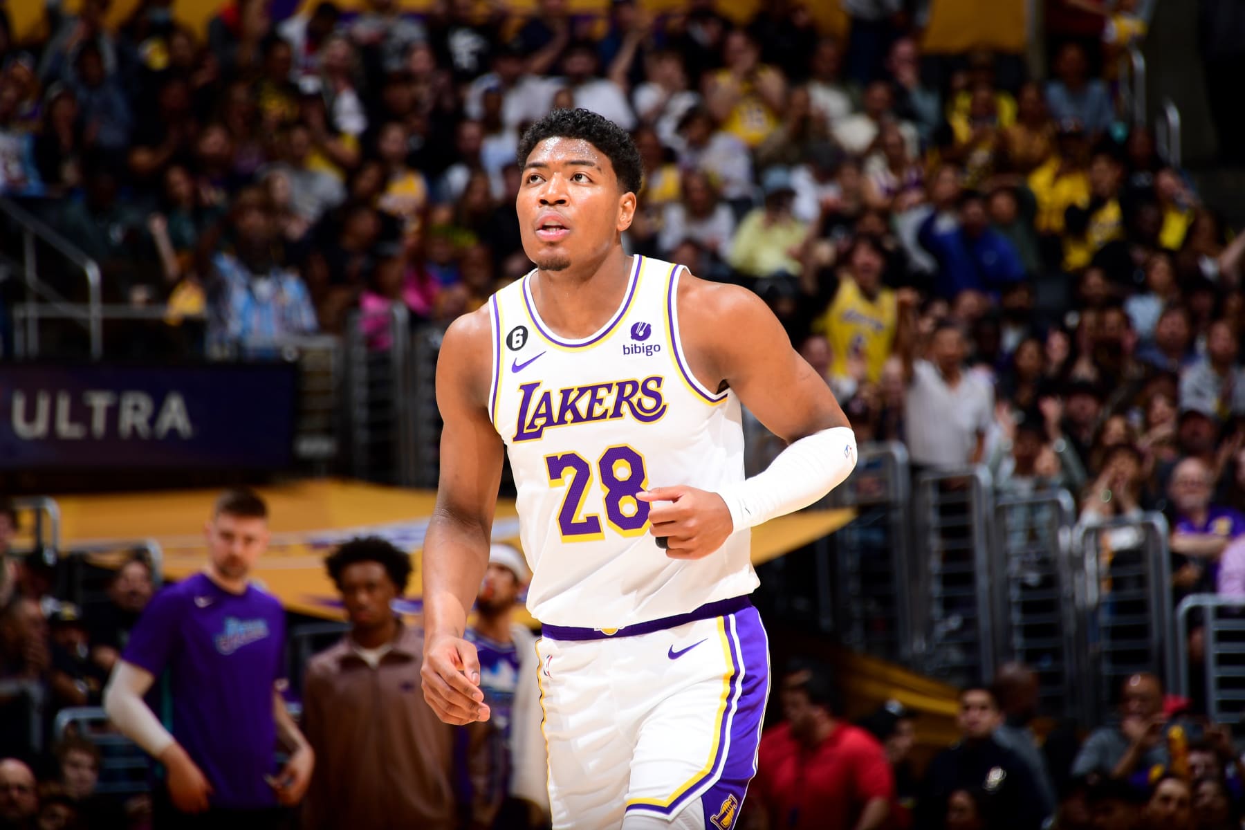 LOS ANGELES, CA - APRIL 9: Rui Hachimura #28 of the Los Angeles Lakers looks on during the game against the Utah Jazz on April 9, 2023 at Crypto.Com Arena in Los Angeles, California. NOTE TO USER: User expressly acknowledges and agrees that, by downloading and/or using this Photograph, user is consenting to the terms and conditions of the Getty Images License Agreement. Mandatory Copyright Notice: Copyright 2023 NBAE (Photo by Adam Pantozzi/NBAE via Getty Images)