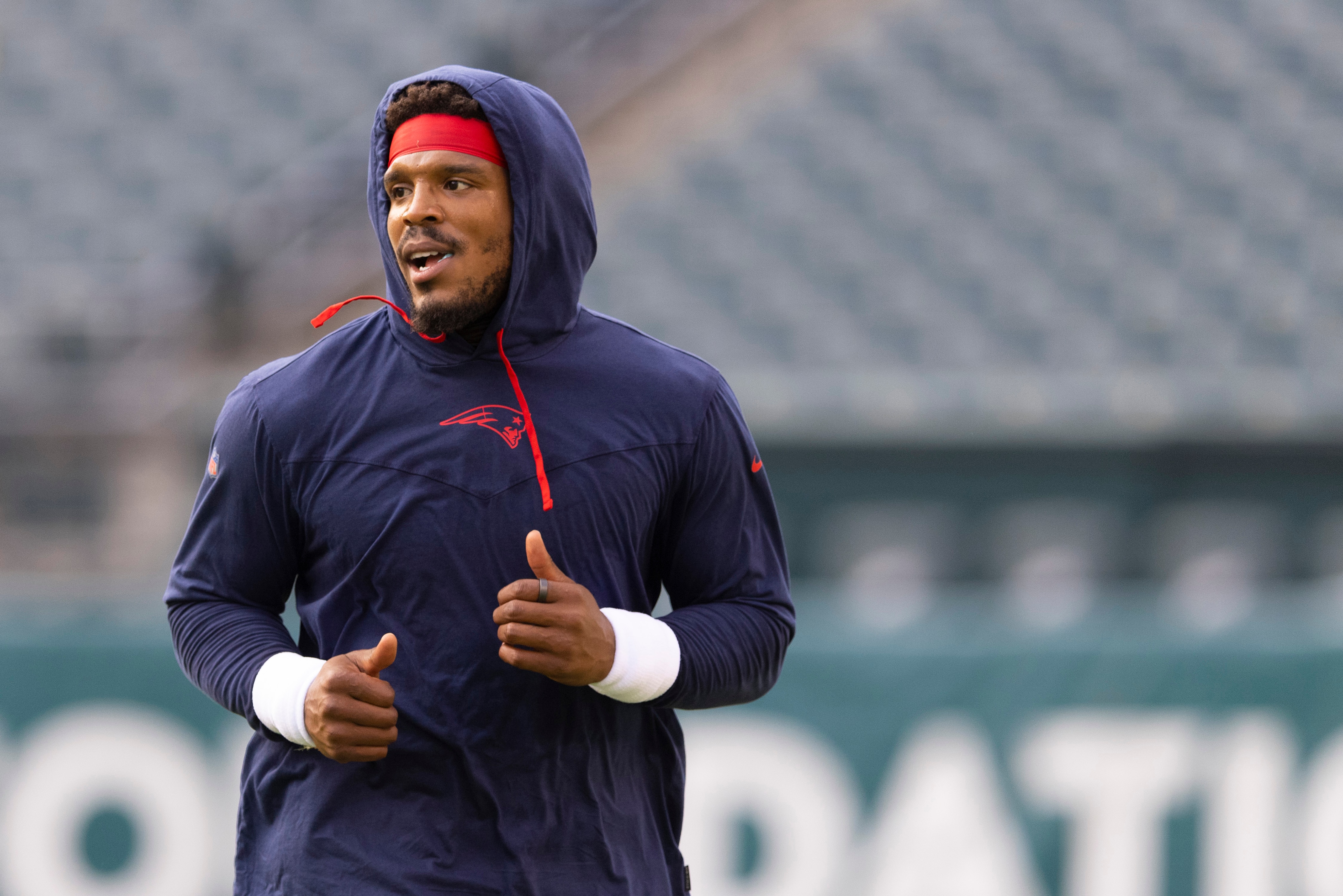 PHILADELPHIA, PA - AUGUST 19: Cam Newton #1 of the New England Patriots looks on against the Philadelphia Eagles in the preseason game at Lincoln Financial Field on August 19, 2021 in Philadelphia, Pennsylvania. The Patriots defeated the Eagles 35-0. (Photo by Mitchell Leff/Getty Images)