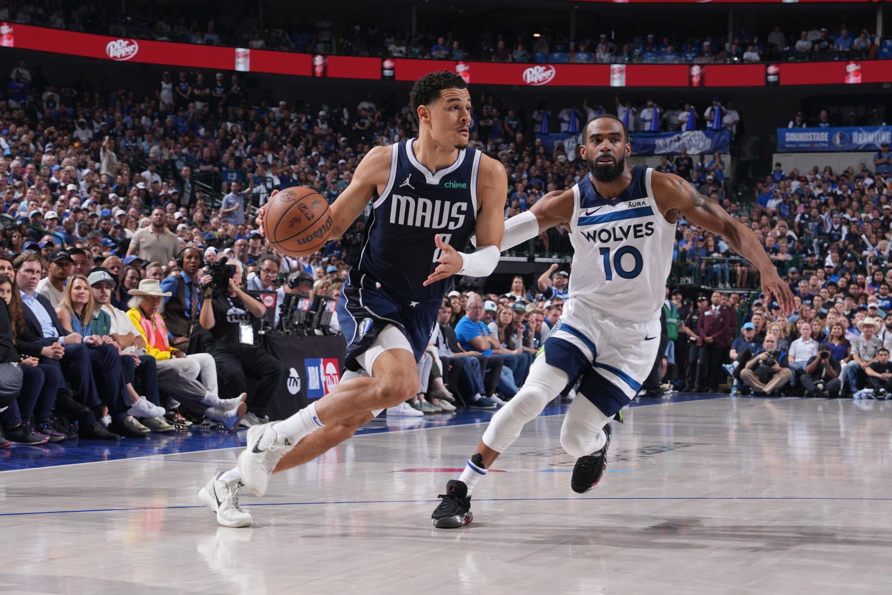DALLAS, TX - MAY 26: Josh Green #8 of the Dallas Mavericks dribbles the ball during the game against the Minnesota Timberwolves during Game 3 of the Western Conference Finals of the 2024 NBA Playoffs on May 26, 2024 at the American Airlines Center in Dallas, Texas. NOTE TO USER: User expressly acknowledges and agrees that, by downloading and or using this photograph, User is consenting to the terms and conditions of the Getty Images License Agreement. Mandatory Copyright Notice: Copyright 2024 NBAE (Photo by Jesse D. Garrabrant/NBAE via Getty Images)