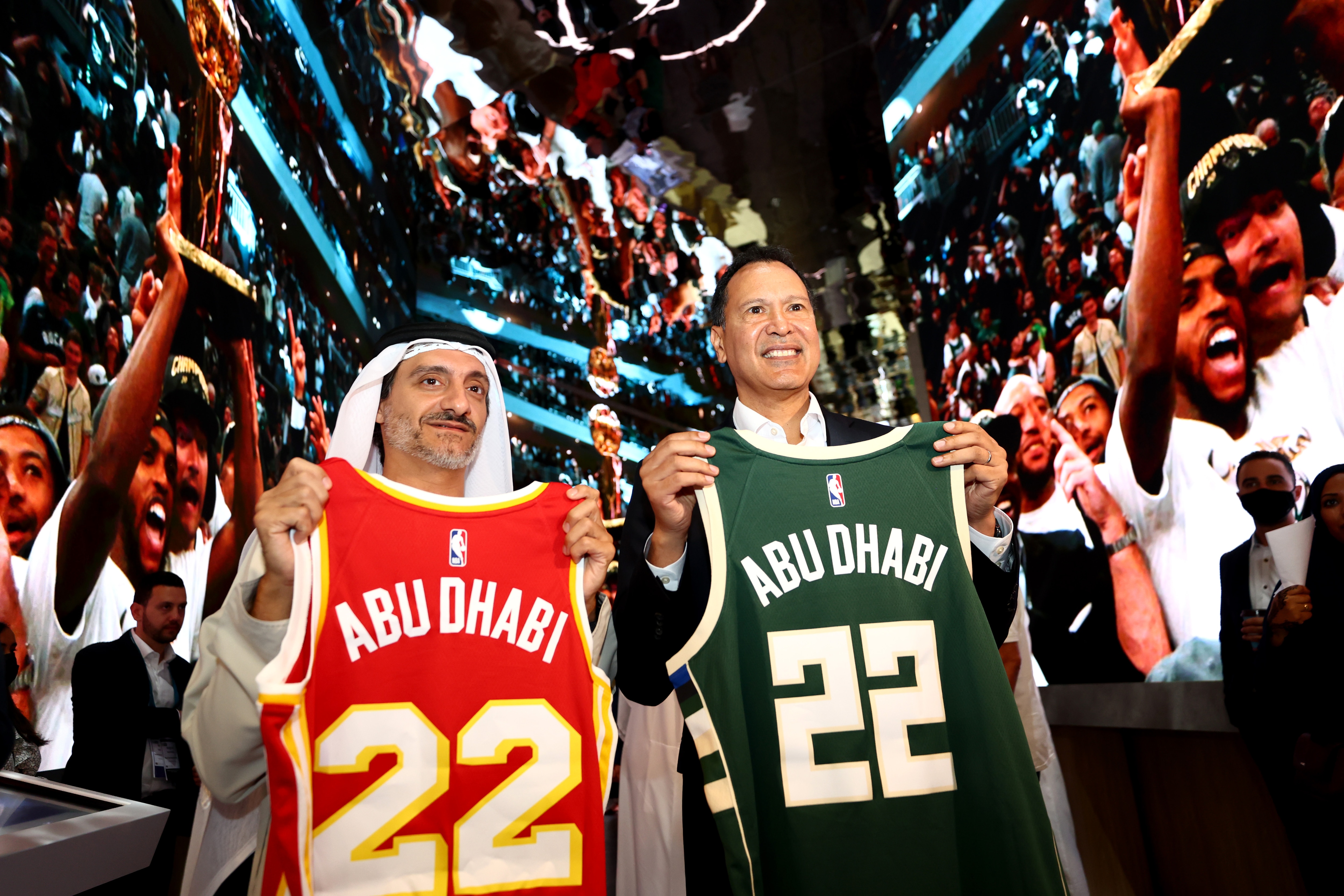 DUBAI, UNITED ARAB EMIRATES - MAY 10: L-R: H.E. Saleh Mohamed Al Geziry, Director General for Tourism at DCT Abu Dhabi and Ralph Rivera, Managing Director, NBA Europe and Middle East pose for a picture during The NBA Abu Dhabi Games 2022 Announcement at Dubai World Trade Centre on May 10, 2022 in Dubai, United Arab Emirates.The Department of Culture and Tourism – Abu Dhabi (DCT Abu Dhabi) and the National Basketball Association (NBA) announced that the Atlanta Hawks and the Milwaukee Bucks will play two preseason games at Etihad Arena on Yas Island in Abu Dhabi in The NBA Abu Dhabi Games 2022, marking the league’s first games in the UAE and the Arabian Gulf.  (Photo by Francois Nel/Getty Images)
