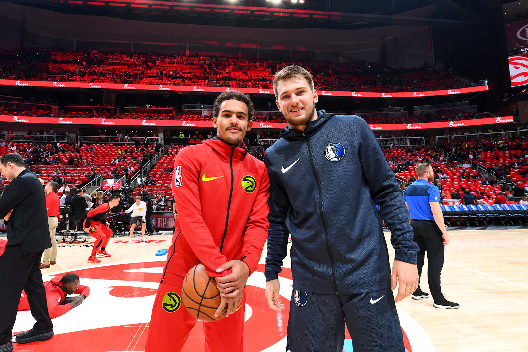 ATLANTA, GA - OCTOBER 24: Trae Young #11 of the Atlanta Hawks and Luka Doncic #77 of the Dallas Mavericks pose for a photo before the game on October 24, 2018 at State Farm Arena in Atlanta, Georgia. NOTE TO USER: User expressly acknowledges and agrees that, by downloading and/or using this photograph, user is consenting to the terms and conditions of the Getty Images License Agreement. Mandatory Copyright Notice: Copyright 2018 NBAE (Photo by Scott Cunningham/NBAE via Getty Images)