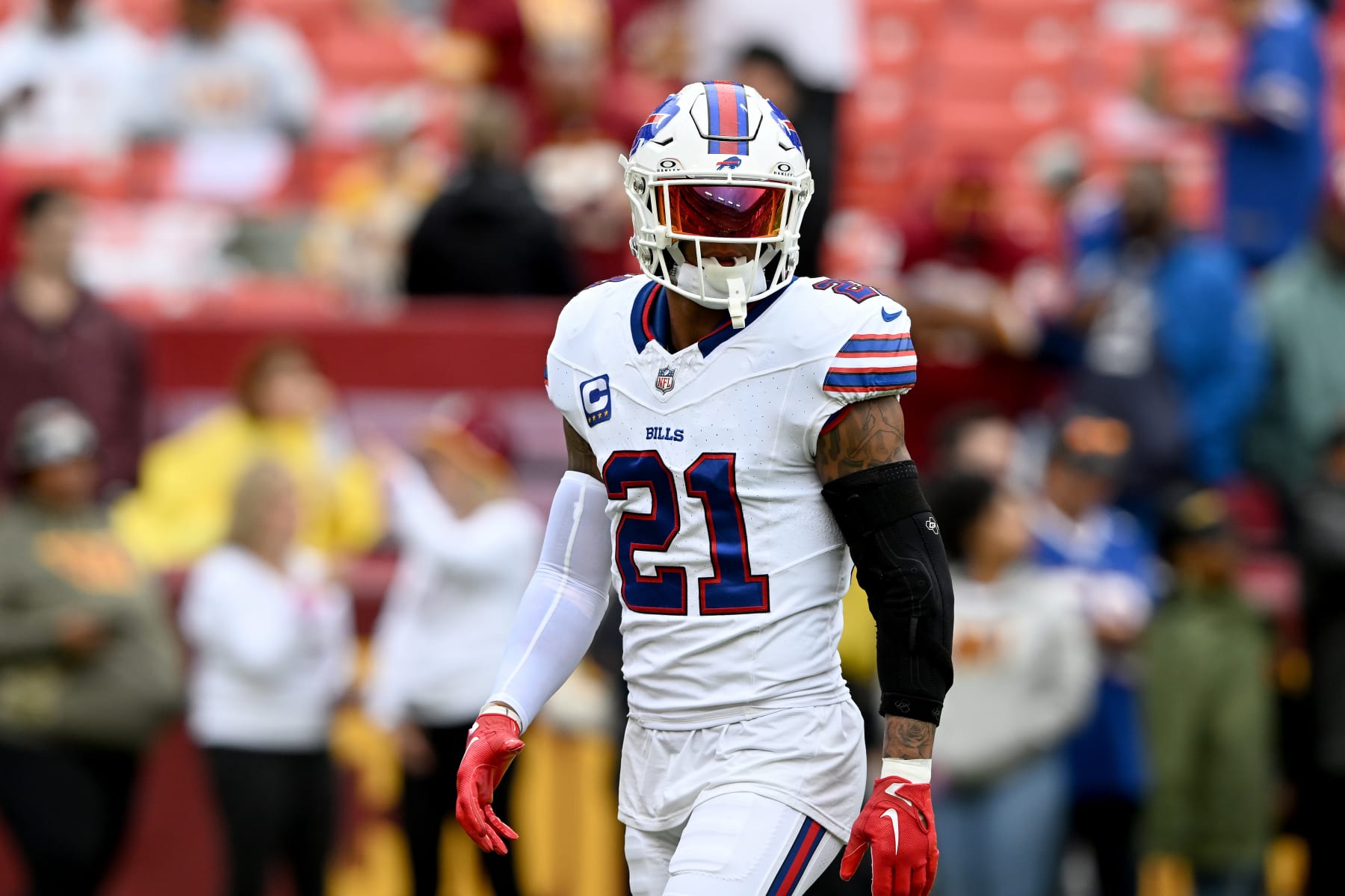 LANDOVER, MARYLAND - SEPTEMBER 24: Jordan Poyer #21 of the Buffalo Bills warms up before the game against the Washington Commanders at FedExField on September 24, 2023 in Landover, Maryland. (Photo by G Fiume/Getty Images)