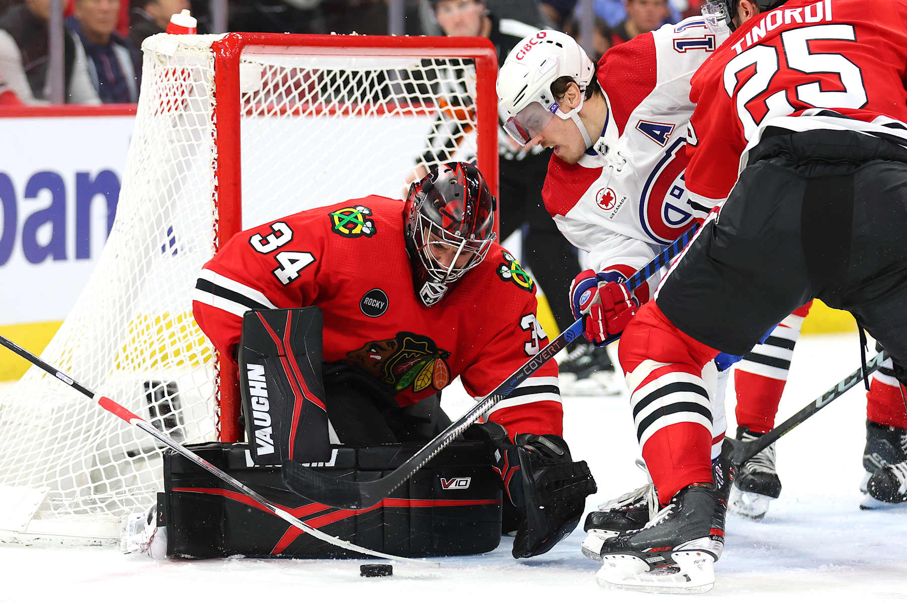 Chicago Blackhawks goaltender Petr Mrazek makes a save on Montreal Canadiens winger Brendan Gallagher. 