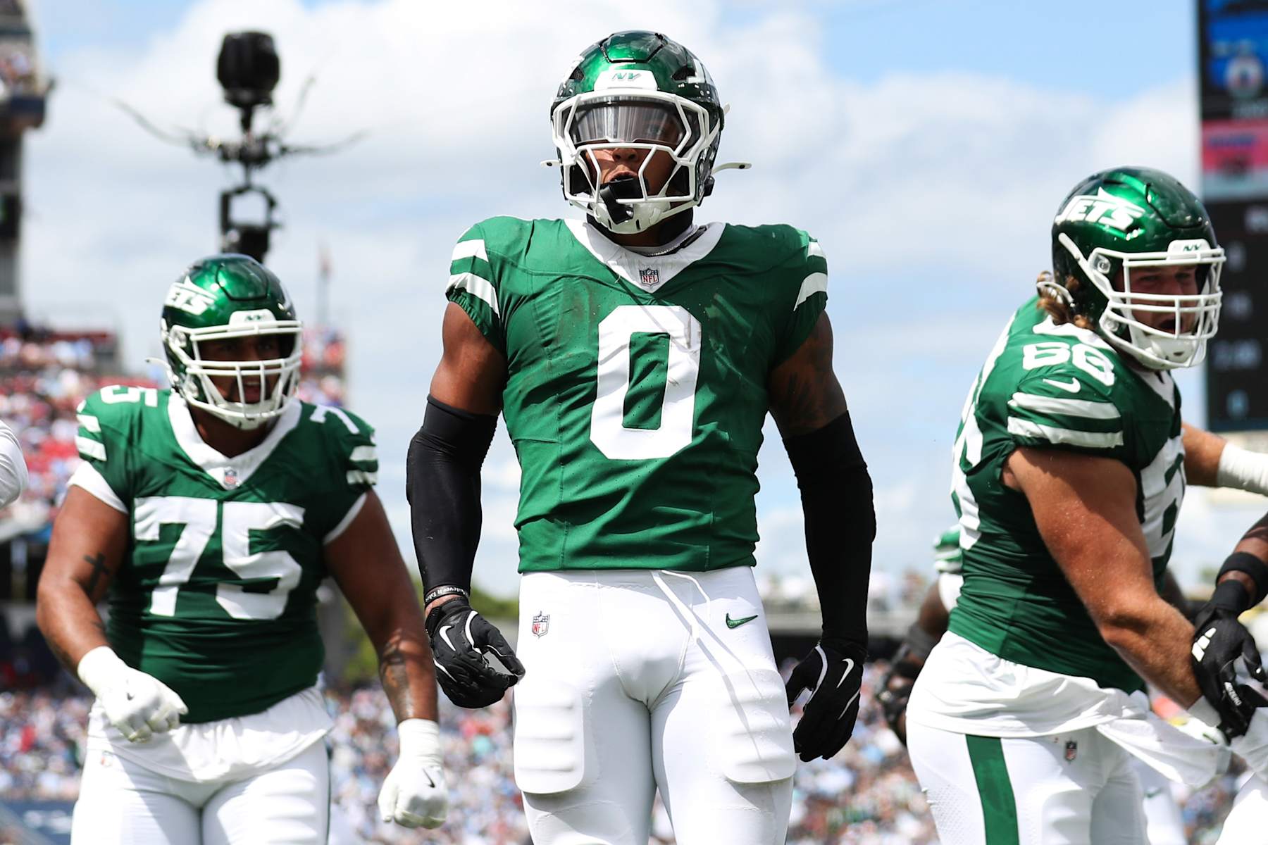 NASHVILLE, TENNESSEE - SEPTEMBER 15: Braelon Allen #0 of the New York Jets reacts after scoring a touchdown during the first half against the Tennessee Titans at Nissan Stadium on September 15, 2024 in Nashville, Tennessee. (Photo by Justin Ford/Getty Images)