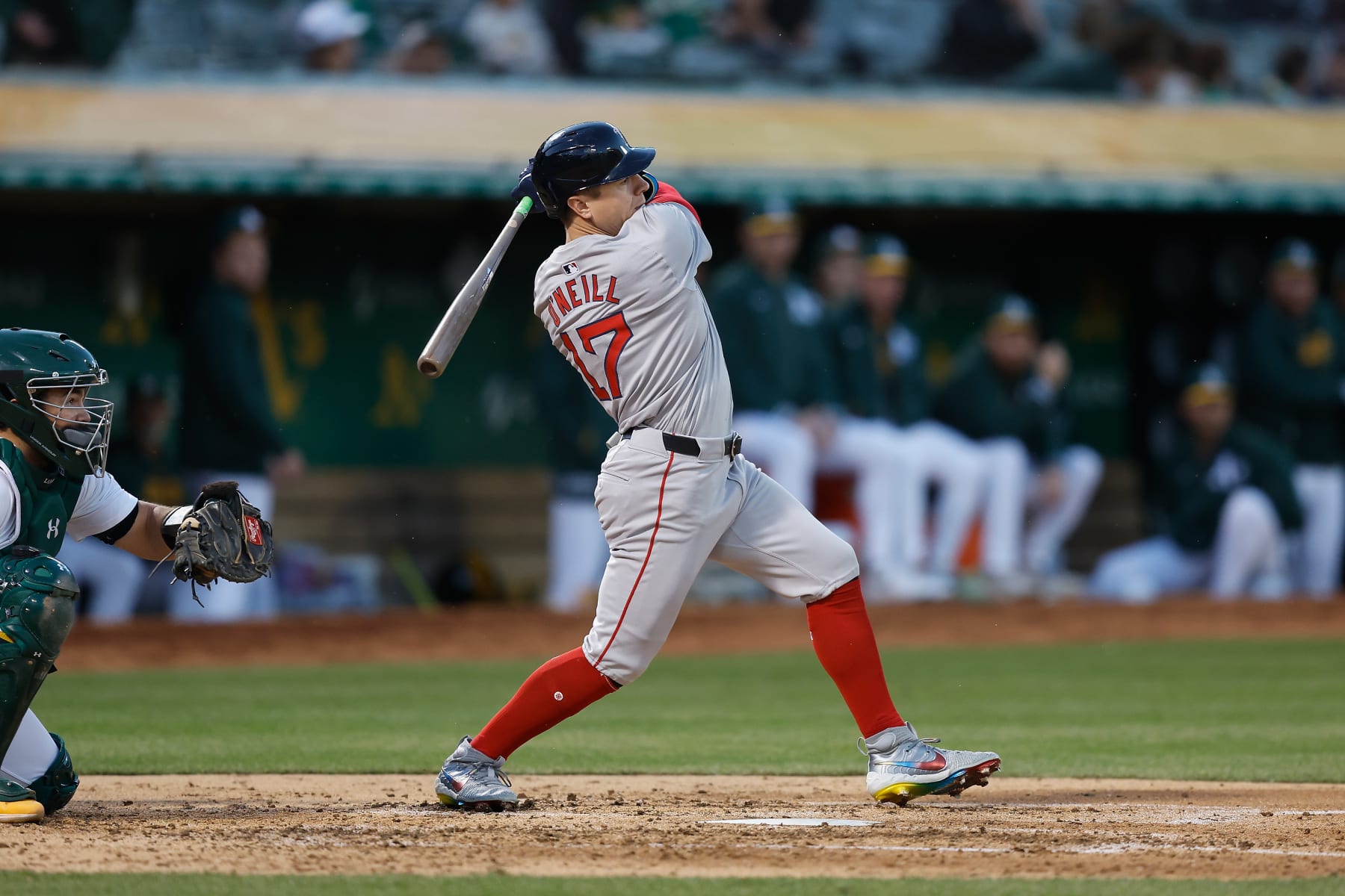 OAKLAND, CALIFORNIA - APRIL 01: Tyler O'Neill #17 of the Boston Red Sox at bat against the Oakland Athletics at Oakland Coliseum on April 01, 2024 in Oakland, California. (Photo by Lachlan Cunningham/Getty Images)
