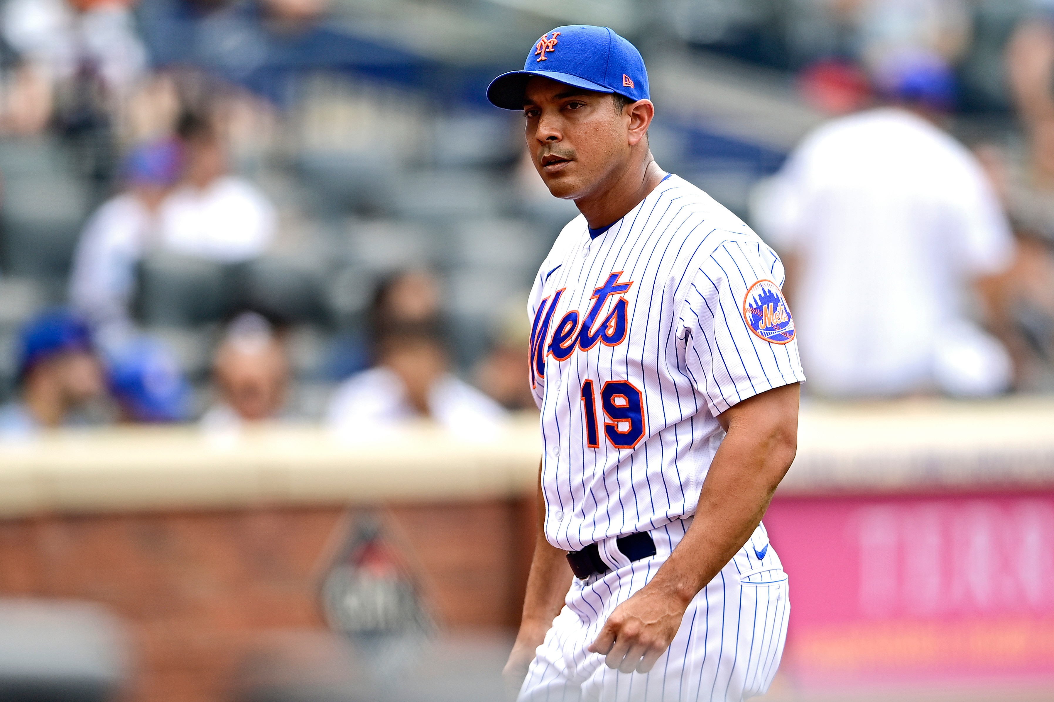NEW YORK, NEW YORK - JULY 25:  Luis Rojas #19 of the New York Mets reacts against the Toronto Blue Jays at Citi Field on July 25, 2021 in the Queens borough of New York City. (Photo by Steven Ryan/Getty Images)