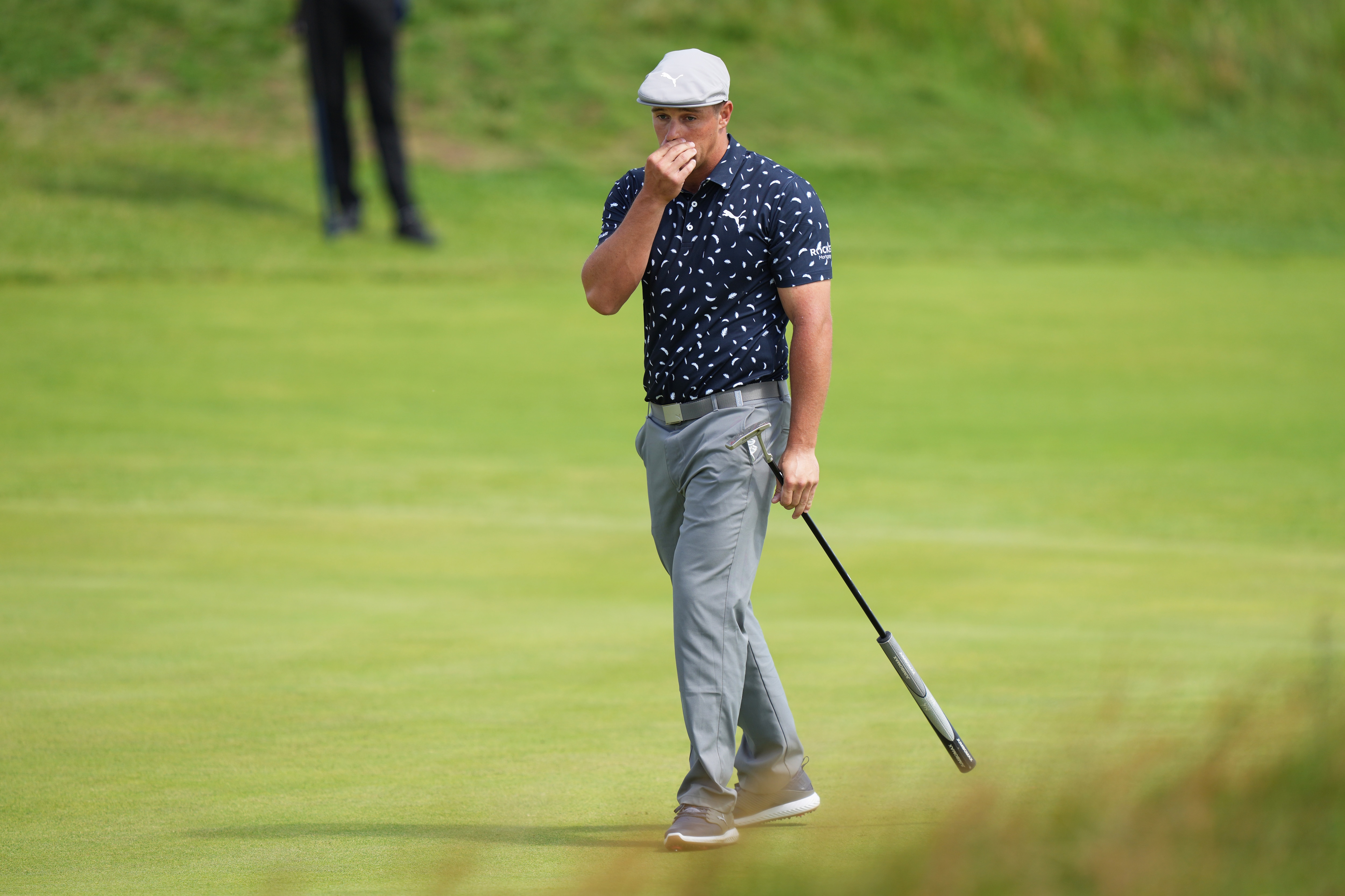 SANDWICH, ENGLAND - JULY 15: Bryson DeChambeau of the United States reacts after a missed put on the green of the eighth hole during Day One of The 149th Open at Royal St George’s Golf Club on July 15, 2021 in Sandwich, England. (Photo by Mike Hewitt/Getty Images)