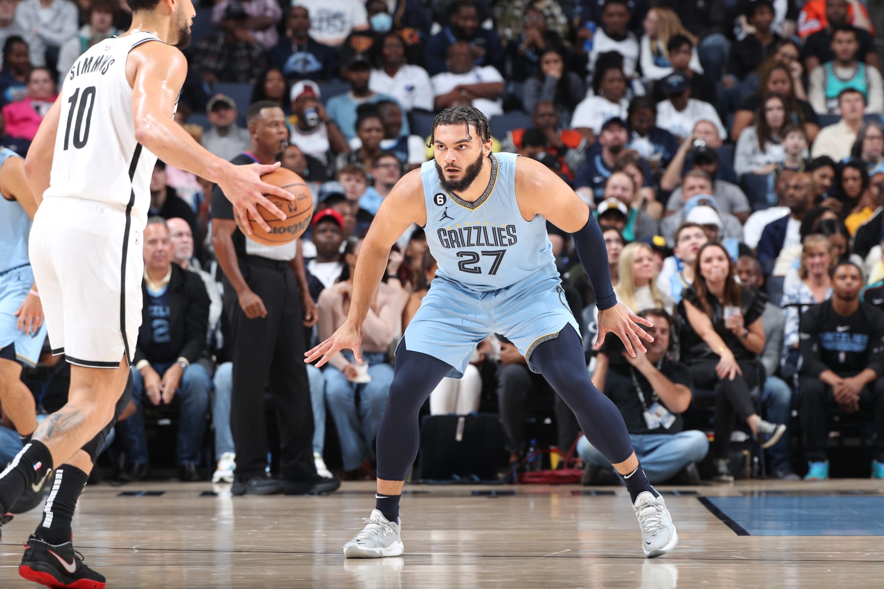 MEMPHIS, TN - OCTOBER 24: David Roddy #27 of the Memphis Grizzlies plays defense during the game against the Brooklyn Nets on October 24, 2022 at FedExForum in Memphis, Tennessee. NOTE TO USER: User expressly acknowledges and agrees that, by downloading and or using this photograph, User is consenting to the terms and conditions of the Getty Images License Agreement. Mandatory Copyright Notice: Copyright 2022 NBAE (Photo by Joe Murphy/NBAE via Getty Images)