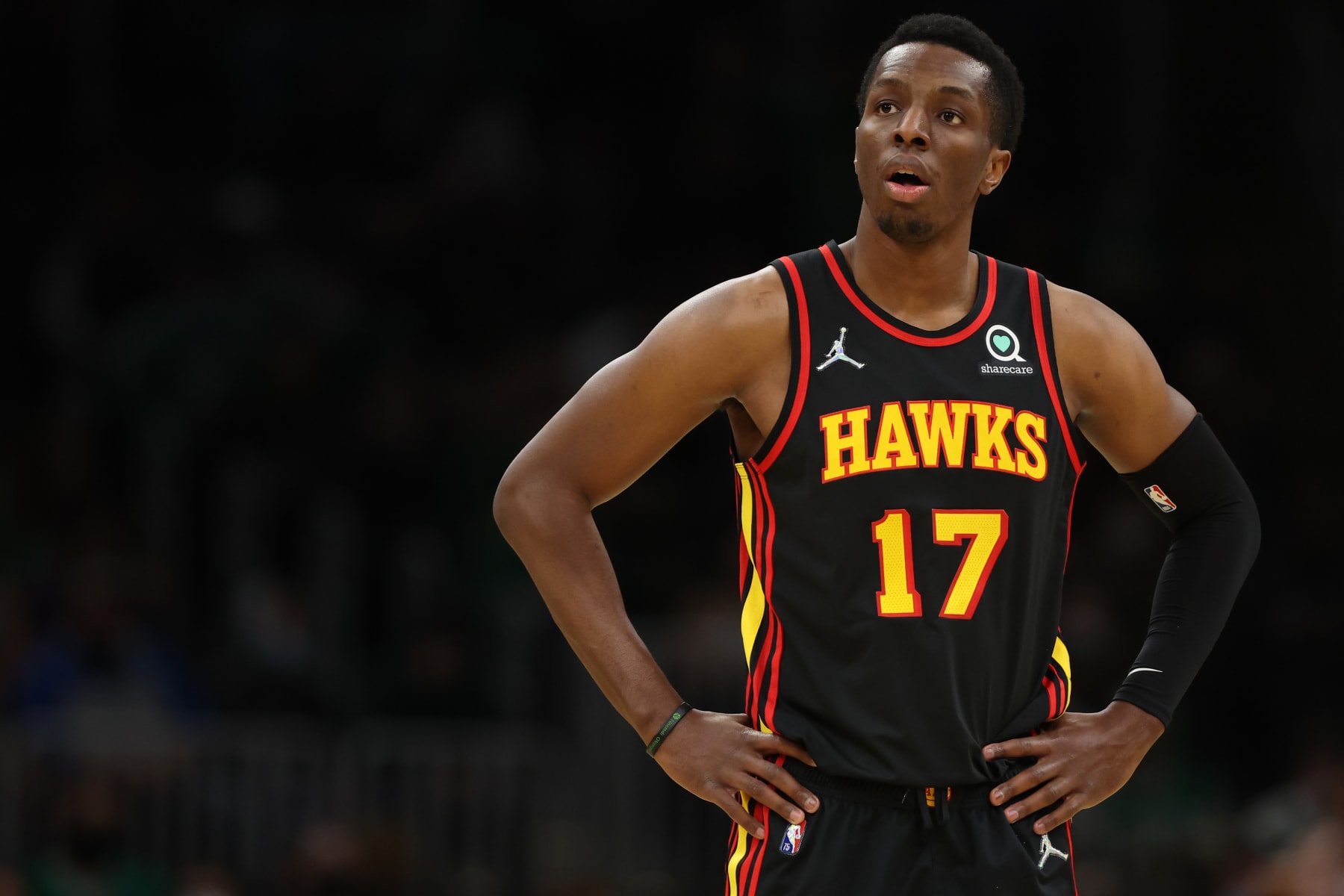 BOSTON, MASSACHUSETTS - MARCH 01: Onyeka Okongwu #17 of the Atlanta Hawks looks on during the game against the Boston Celtics  at TD Garden on March 01, 2022 in Boston, Massachusetts. NOTE TO USER: User expressly acknowledges and agrees that, by downloading and or using this photograph, User is consenting to the terms and conditions of the Getty Images License Agreement.  (Photo by Maddie Meyer/Getty Images)