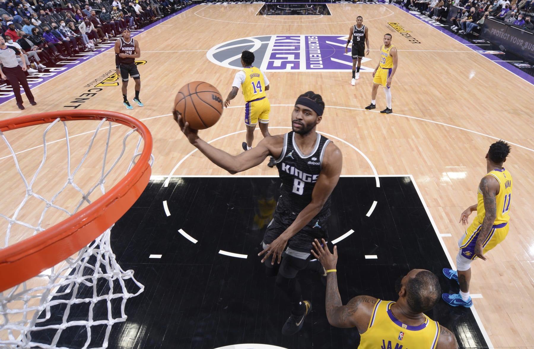 SACRAMENTO, CA - JANUARY 12: Maurice Harkless #8 of the Sacramento Kings shoots a layup against the Los Angeles Lakers on January 12, 2022 at Golden 1 Center in Sacramento, California. NOTE TO USER: User expressly acknowledges and agrees that, by downloading and or using this photograph, User is consenting to the terms and conditions of the Getty Images Agreement. Mandatory Copyright Notice: Copyright 2022 NBAE (Photo by Rocky Widner/NBAE via Getty Images)