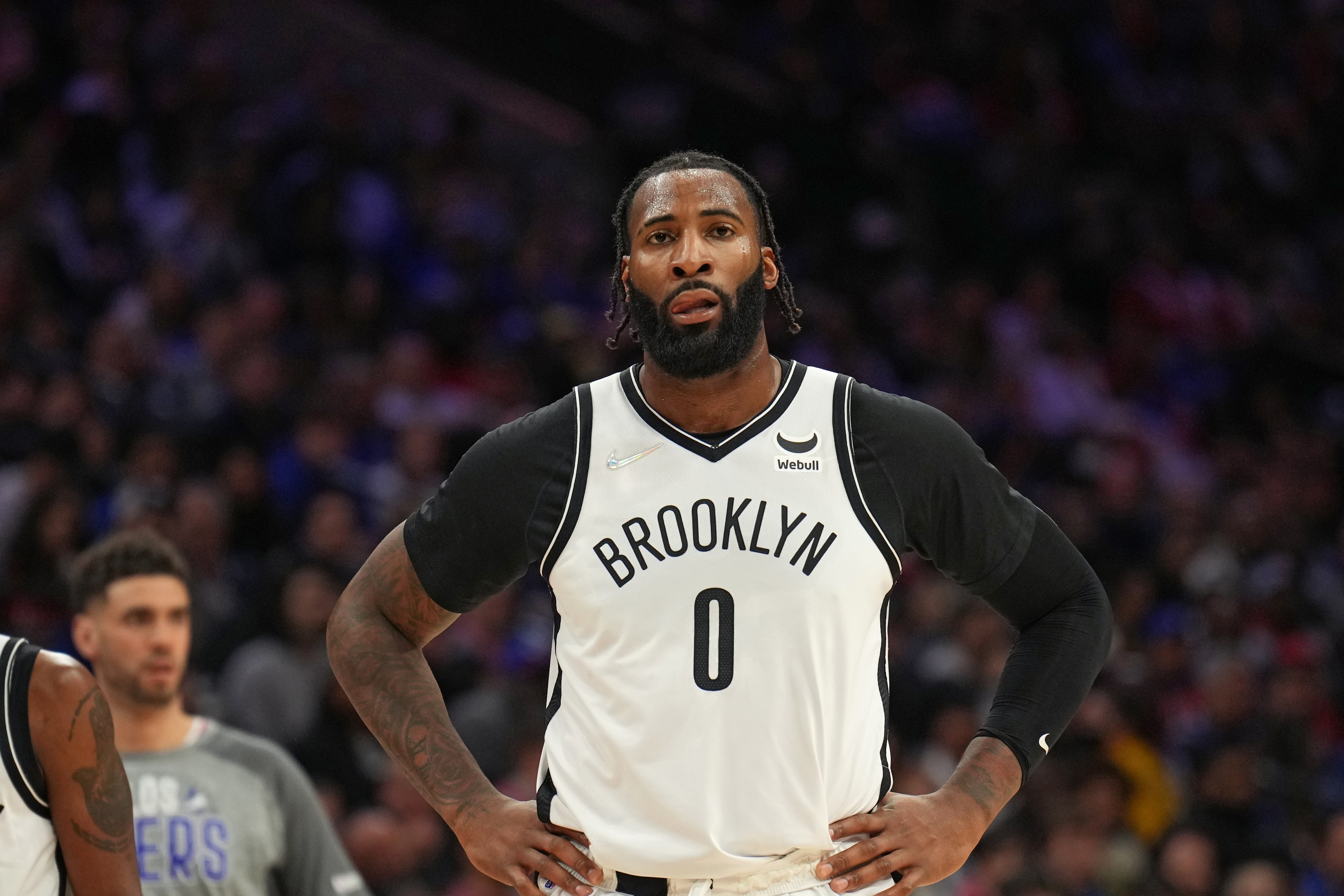 PHILADELPHIA, PA - MARCH 10: Andre Drummond #0 of the Brooklyn Nets looks on during a game against the Philadelphia 76ers on March 10, 2022 at Wells Fargo Center in Philadelphia, Pennsylvania. NOTE TO USER: User expressly acknowledges and agrees that, by downloading and/or using this Photograph, user is consenting to the terms and conditions of the Getty Images License Agreement. Mandatory Copyright Notice: Copyright 2022 NBAE (Photo by Jesse D. Garrabrant/NBAE via Getty Images) PHILADELPHIA, PA - MARCH 10: Andre Drummond #0 of the Brooklyn Nets looks on during a game against the Philadelphia 76ers on March 10, 2022 at Wells Fargo Center in Philadelphia, Pennsylvania. NOTE TO USER: User expressly acknowledges and agrees that, by downloading and/or using this Photograph, user is consenting to the terms and conditions of the Getty Images License Agreement. Mandatory Copyright Notice: Copyright 2022 NBAE (Photo by Jesse D. Garrabrant/NBAE via Getty Images)