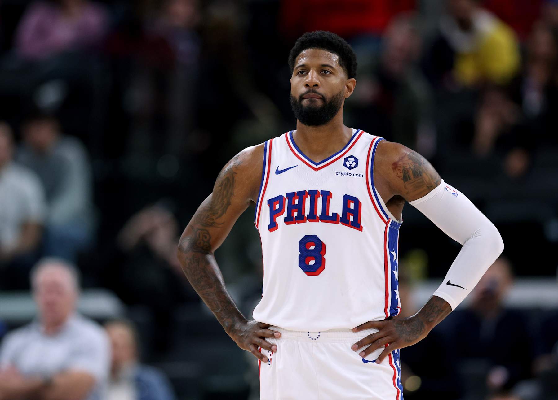 INGLEWOOD, CALIFORNIA - NOVEMBER 06: Paul George #8 of the Philadelphia 76ers waits during the second quarter against the LA Clippers at Intuit Dome on November 06, 2024 in Inglewood, California. (Photo by Harry How/Getty Images) NOTE TO USER: User expressly acknowledges and agrees that, by downloading and/or using this Photograph, user is consenting to the terms and conditions of the Getty Images License Agreement.  (Photo by Harry How/Getty Images)