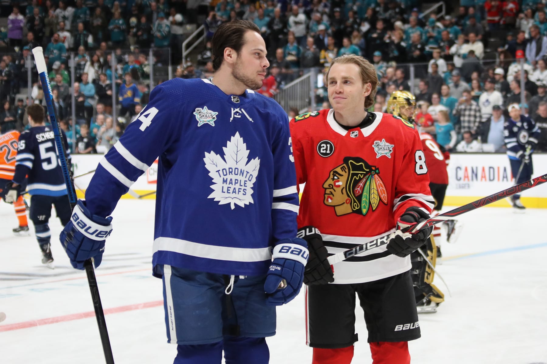 SAN JOSE, CA - JANUARY 25: Auston Matthews #34 of the Toronto Maple Leafs and Patrick Kane #88 of the Chicago Blackhawks warm up during the 2019 SAP NHL All-Star Skills at SAP Center on January 25, 2019 in San Jose, California.  (Photo by Bruce Bennett/Getty Images)