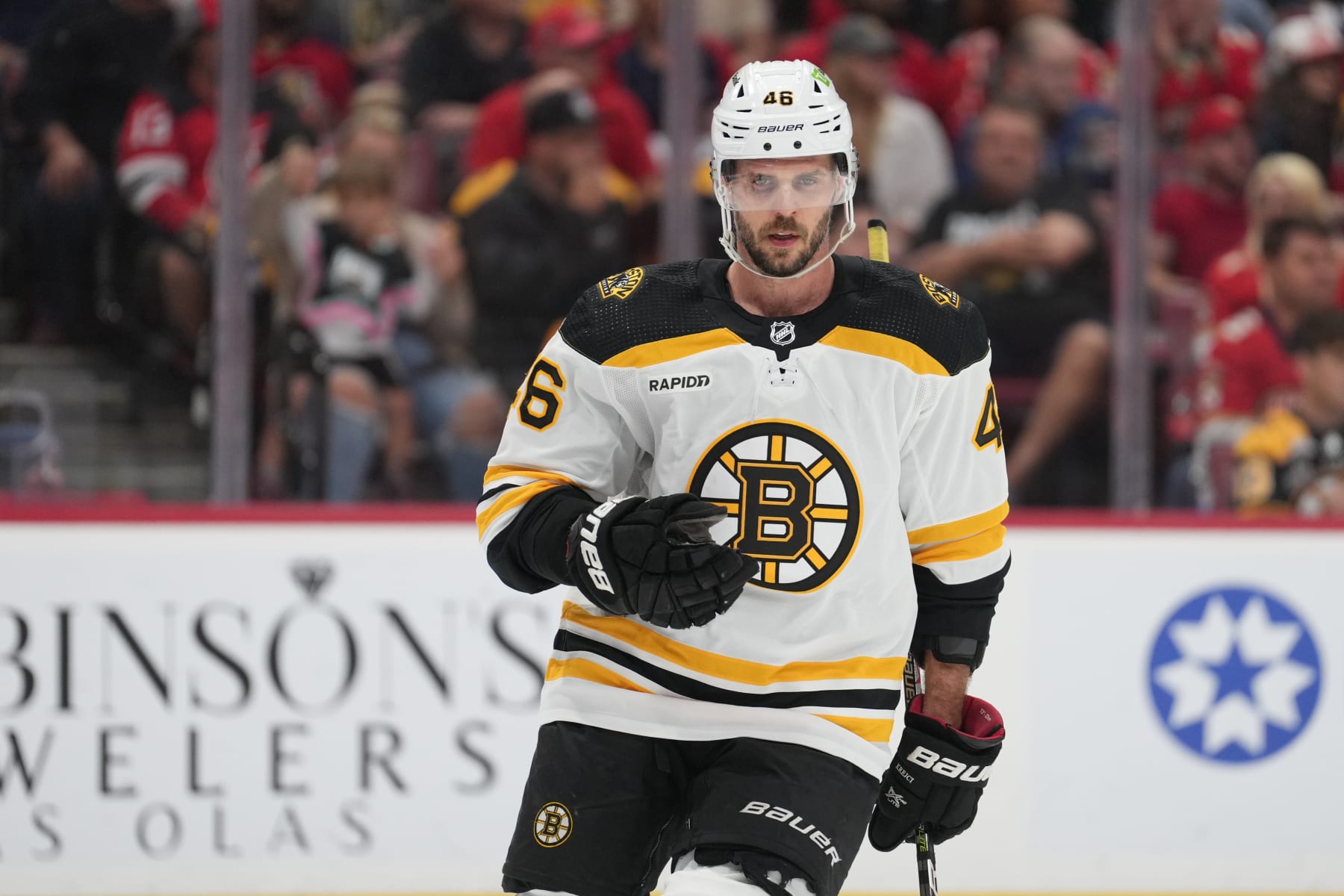 SUNRISE, FL - APRIL 23: Boston Bruins center David Krejci (46) takes a breather during a stop in play during game six of  the first round of the Eastern Conference Playoffs between the Boston Bruins and the Florida Panthers on Friday, April 28, 2023 at FLA Live Arena in Sunrise, Fla  (Photo by Peter Joneleit/Icon Sportswire via Getty Images)
