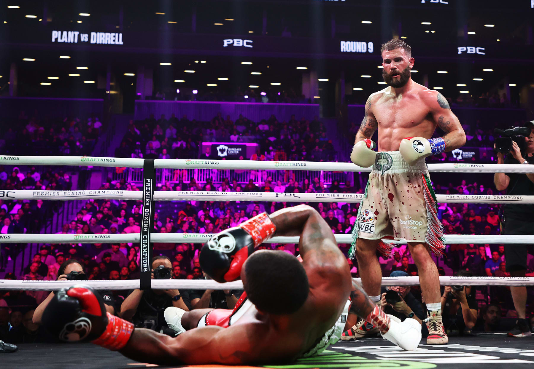 BROOKLYN, NEW YORK - OCTOBER 15:  Caleb Plant knocks out Anthony Dirrell in the ninth rounduring their WBC world super middleweight title eliminator bout at Barclays Center on October 15, 2022 in Brooklyn, New York. (Photo by Al Bello/Getty Images)