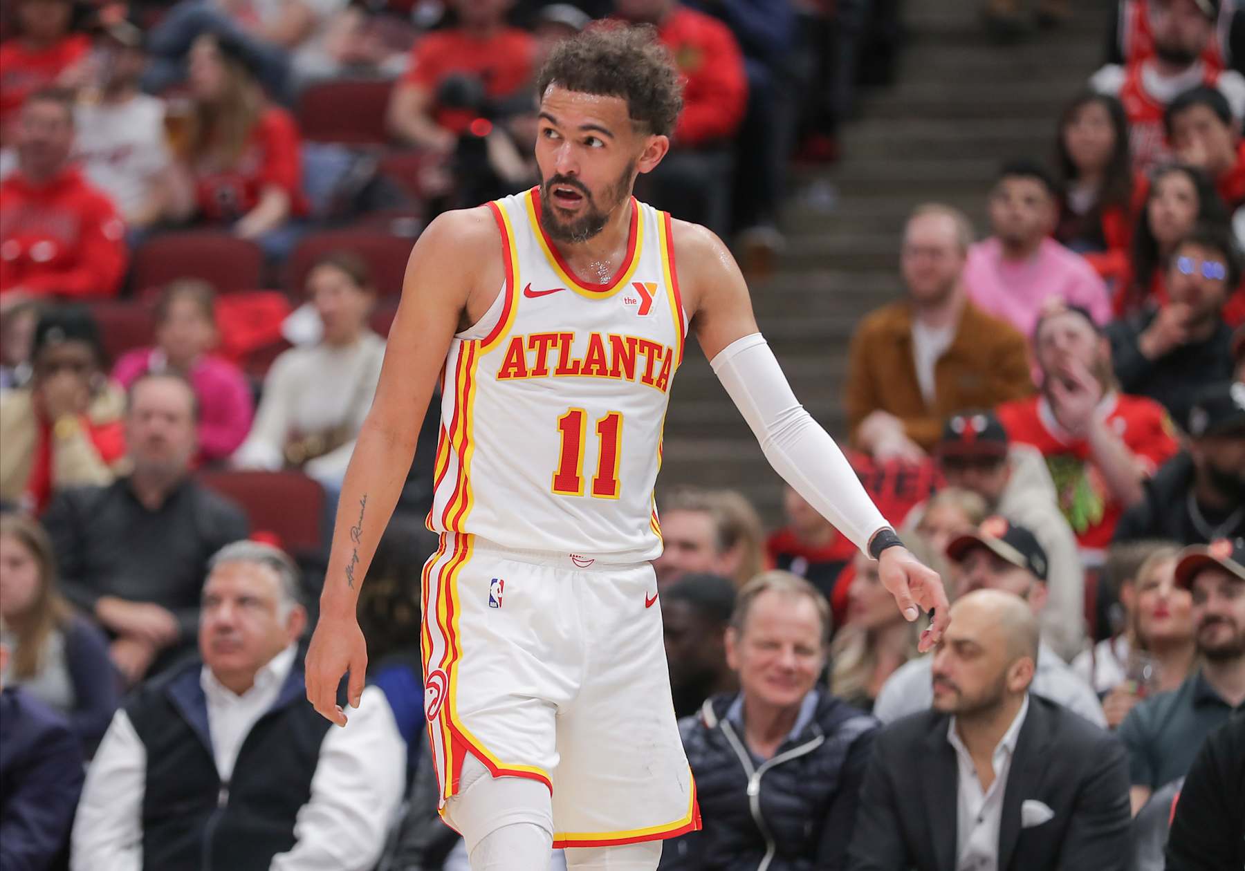 CHICAGO, IL - APRIL 17: Trae Young #11 of the Atlanta Hawks looks on after being fouled during first half of the 2024 Play-In Tournament against the Chicago Bulls at the United Center on April 17, 2024  in Chicago, Illinois. (Photo by Melissa Tamez/Icon Sportswire via Getty Images)