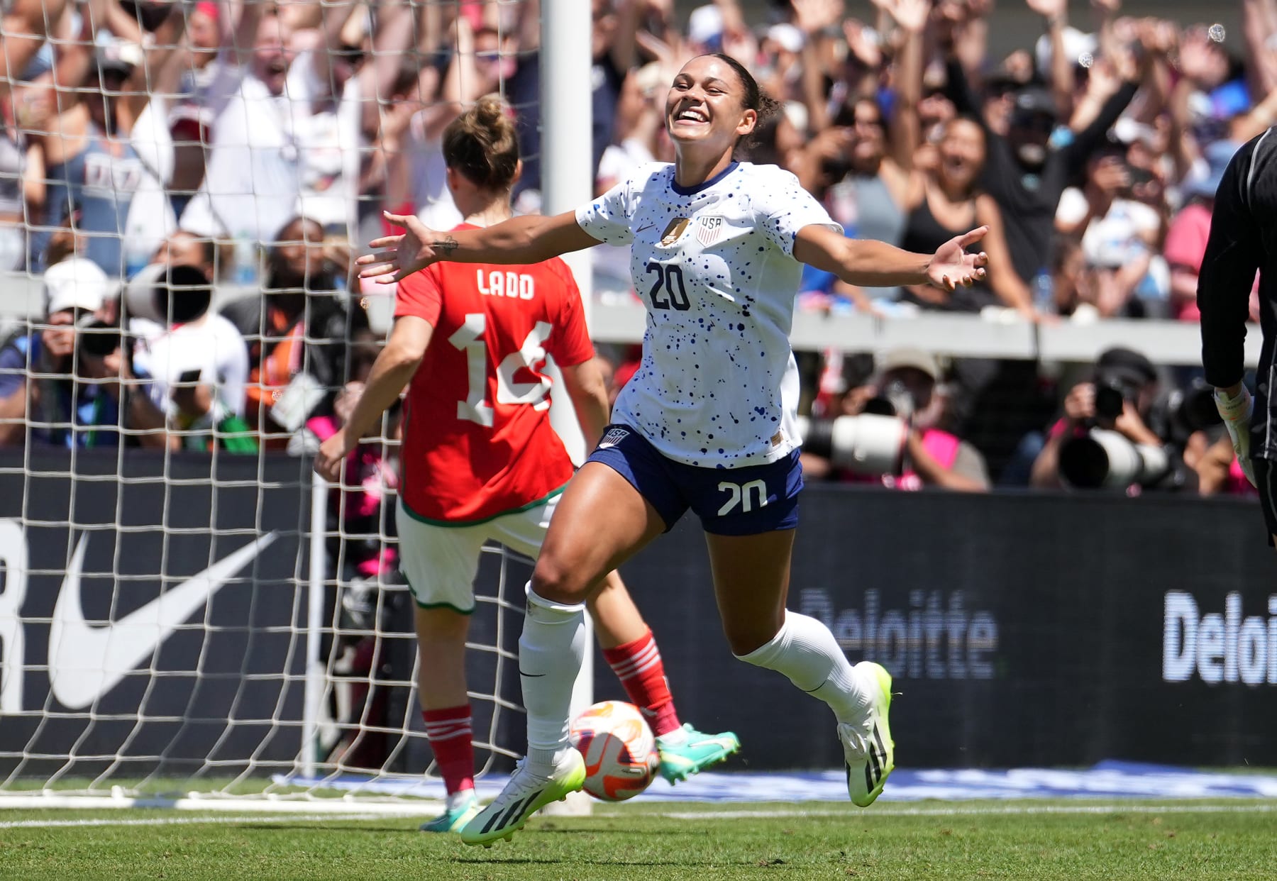 SAN JOSE, CALIFORNIA - JULY 09: Trinity Rodman #20 of the United States celebrates scoring during the second half of an international friendly against Wales at PayPal Park on July 09, 2023 in San Jose, California. (Photo by Brad Smith/USSF/Getty Images for USSF)