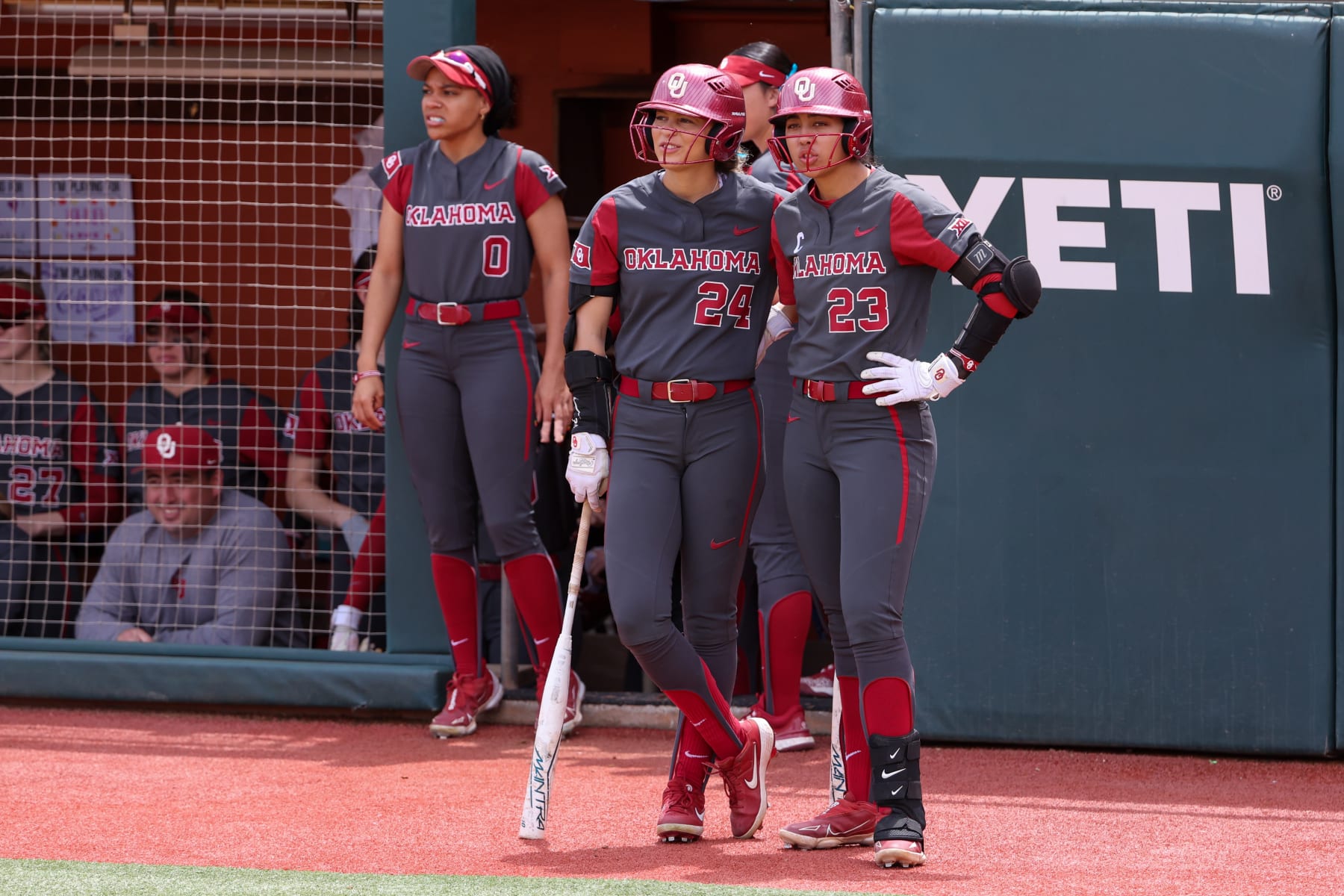 AUSTIN, TX - APRIL 07: Oklahoma outfielder Jayda Coleman (24) and Oklahoma infielder Tiare Jennings (23) stand together before the start of the Big 12 college softball game between Texas Longhorns and Oklahoma Sooners on April 7, 2024, at Red & Charline McCombs Field in Austin, TX. (Photo by David Buono/Icon Sportswire via Getty Images)