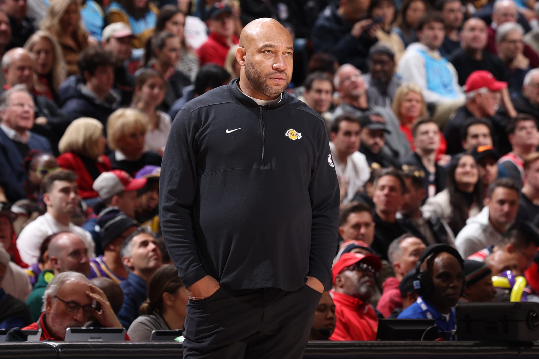 CHICAGO, IL - DECEMBER 20:  Head Coach Darvin Ham of the Los Angeles Lakers looks on during the game against the Chicago Bulls on December 20, 2023 at United Center in Chicago, Illinois. NOTE TO USER: User expressly acknowledges and agrees that, by downloading and or using this photograph, User is consenting to the terms and conditions of the Getty Images License Agreement. Mandatory Copyright Notice: Copyright 2023 NBAE (Photo by Jeff Haynes/NBAE via Getty Images)