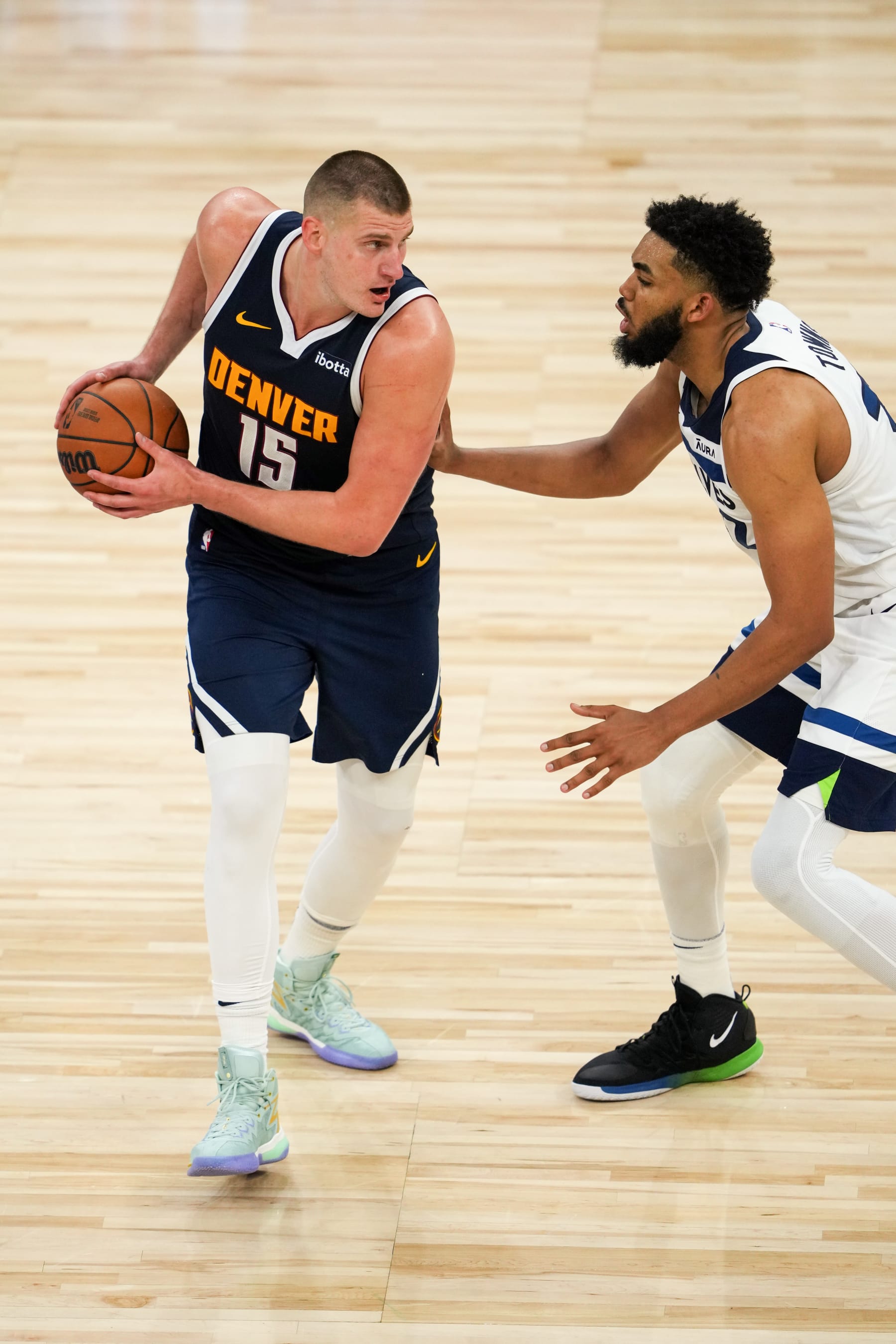 MINNEAPOLIS, MN -  MAY 12: Nikola Jokic #15 of the Denver Nuggets handles the ball during the game against the Minnesota Timberwolves during Round Two Game Four of the 2024 NBA Playoffs on May 12, 2024 at Target Center in Minneapolis, Minnesota. NOTE TO USER: User expressly acknowledges and agrees that, by downloading and or using this Photograph, user is consenting to the terms and conditions of the Getty Images License Agreement. Mandatory Copyright Notice: Copyright 2024 NBAE (Photo by Jordan Johnson/NBAE via Getty Images)