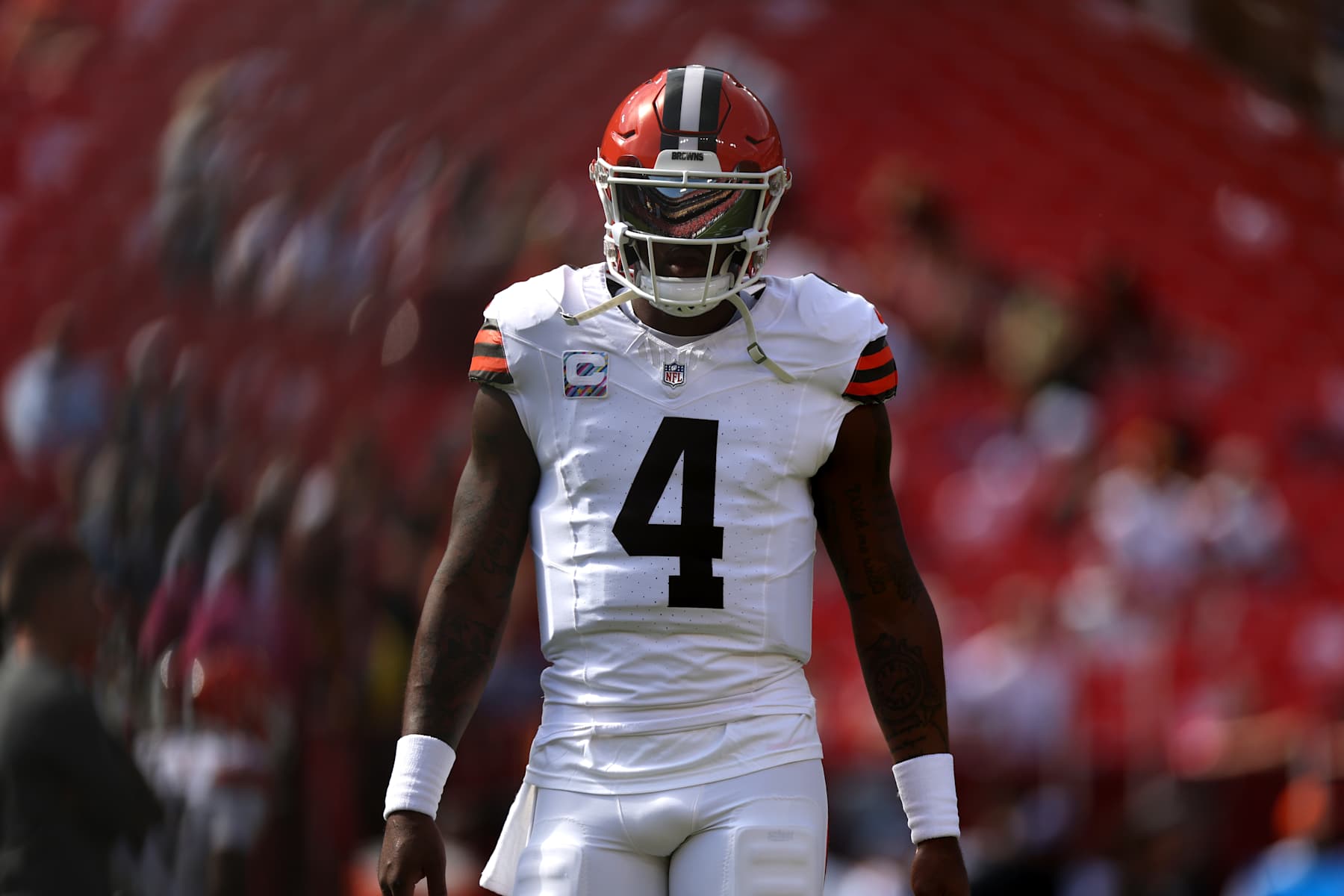 LANDOVER, MARYLAND - OCTOBER 06: Deshaun Watson #4 of the Cleveland Browns looks on before the game \awas at Northwest Stadium on October 06, 2024 in Landover, Maryland. (Photo by Patrick Smith/Getty Images)