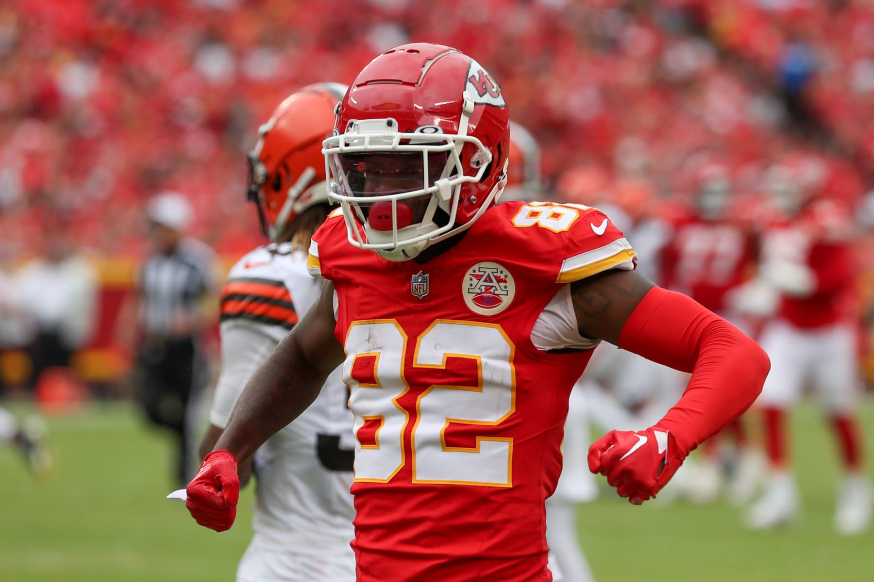 KANSAS CITY, MO - AUGUST 26: Kansas City Chiefs wide receiver Ihmir Smith-Marsette (82) flexes after a 28-yard reception in the second quarter of an NFL preseason game between the Cleveland Browns and Kansas City Chiefs on Aug 26, 2023 at GEHA Field at Arrowhead Stadium in Kansas City, MO. (Photo by Scott Winters/Icon Sportswire via Getty Images)