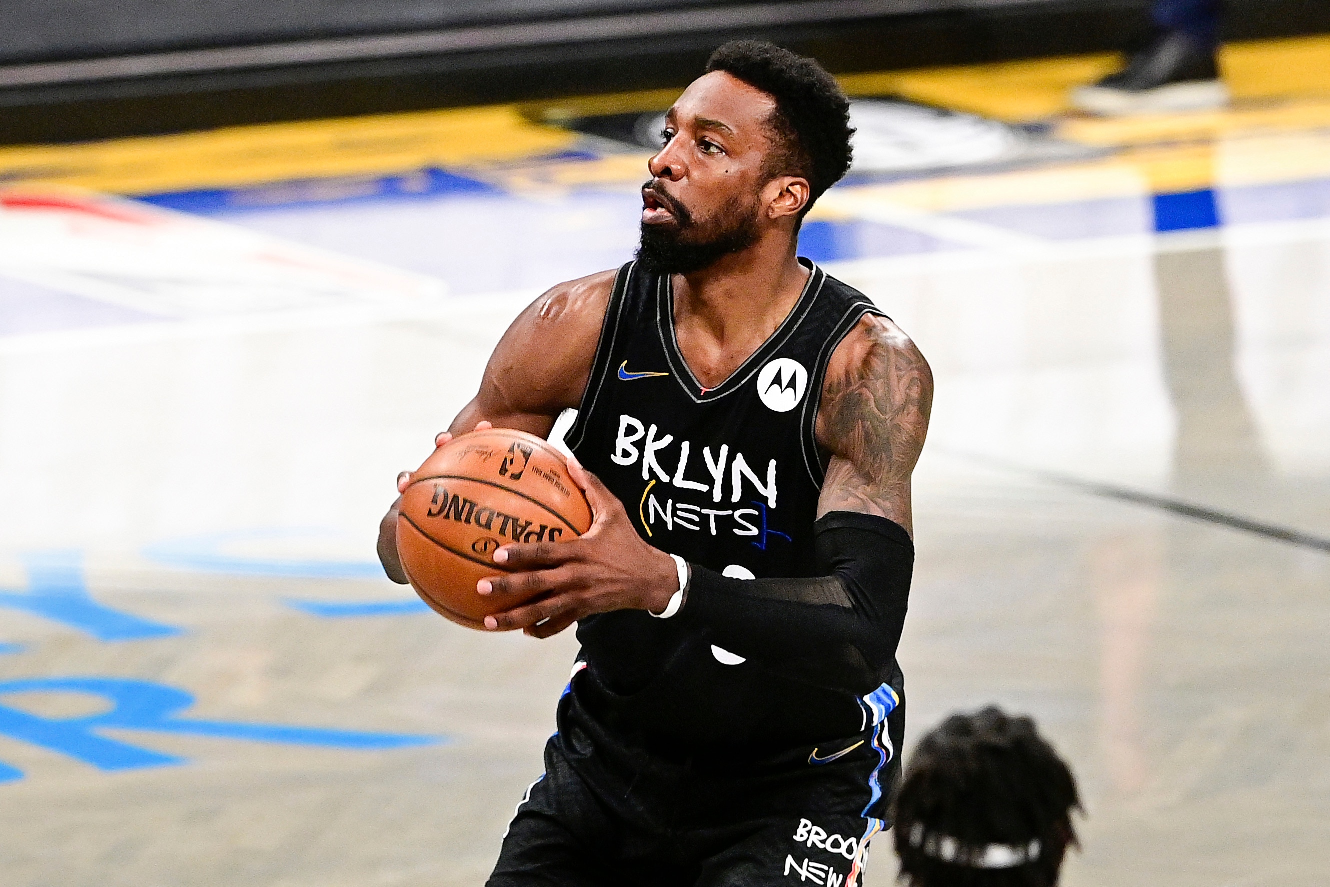 NEW YORK, NEW YORK - JUNE 15:  Jeff Green #8 of the Brooklyn Nets attempts a shot against the Milwaukee Bucks in Game Five of the Second Round of the 2021 NBA Playoffs at Barclays Center on June 15, 2021 in New York City. NOTE TO USER: User expressly acknowledges and agrees that, by downloading and or using this photograph, User is consenting to the terms and conditions of the Getty Images License Agreement. (Photo by Steven Ryan/Getty Images)