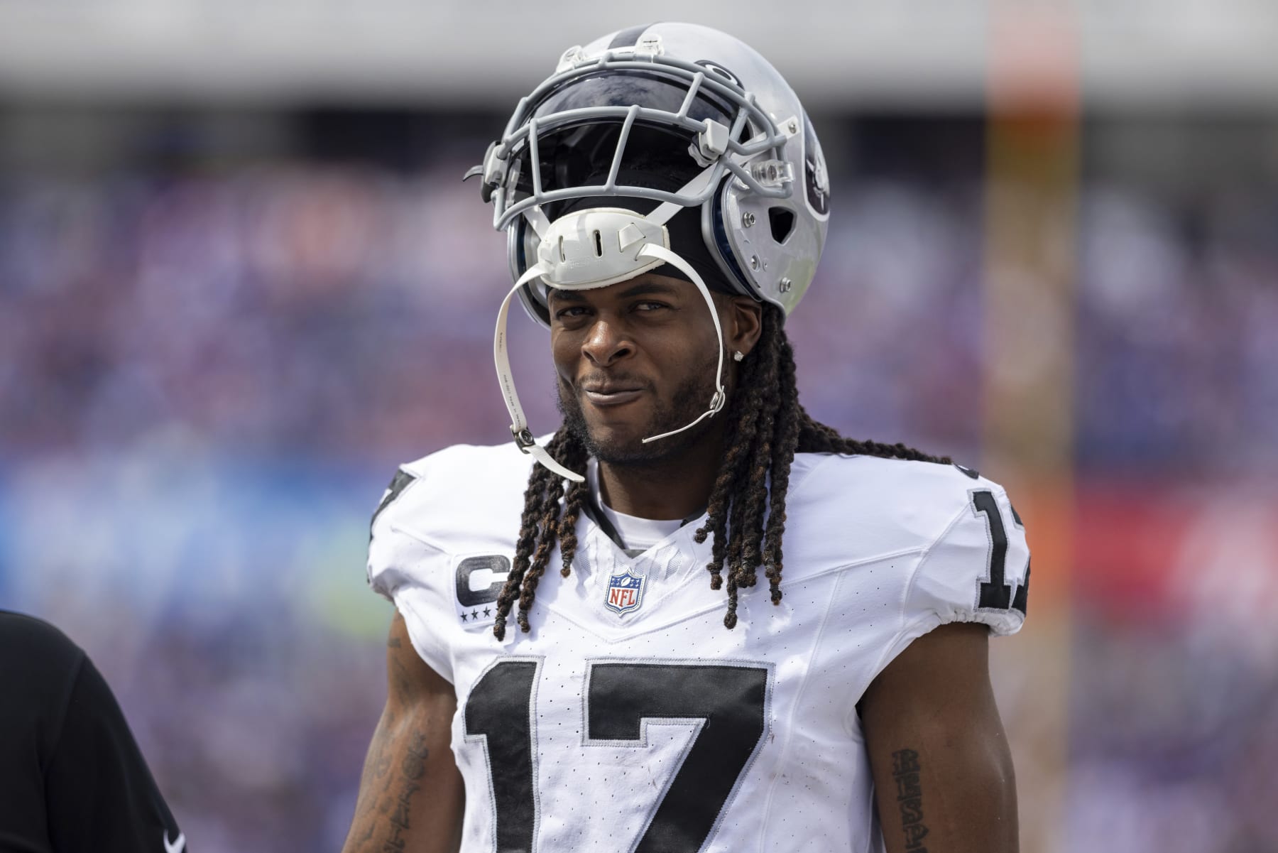 Las Vegas Raiders wide receiver Davante Adams (17) looks on during an NFL football game, Sunday, Sept. 17, 2023, in Orchard Park, NY. (AP Photo/Matt Durisko)