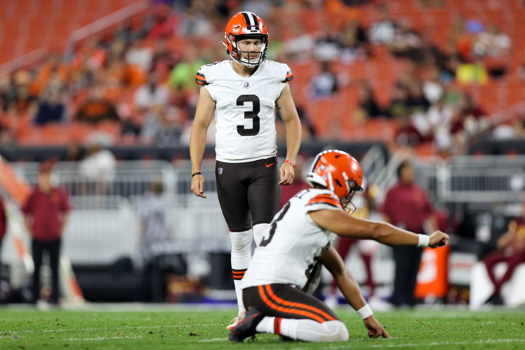 CLEVELAND, OH - AUGUST 11: Cleveland Browns place kicker Cade York (3) lines up to attempt a 46-yard field goal during the third quarter of the National Football League preseason game between the Washington Commanders and Cleveland Browns on August 11, 2023, at Cleveland Browns Stadium in Cleveland, OH. (Photo by Frank Jansky/Icon Sportswire via Getty Images)