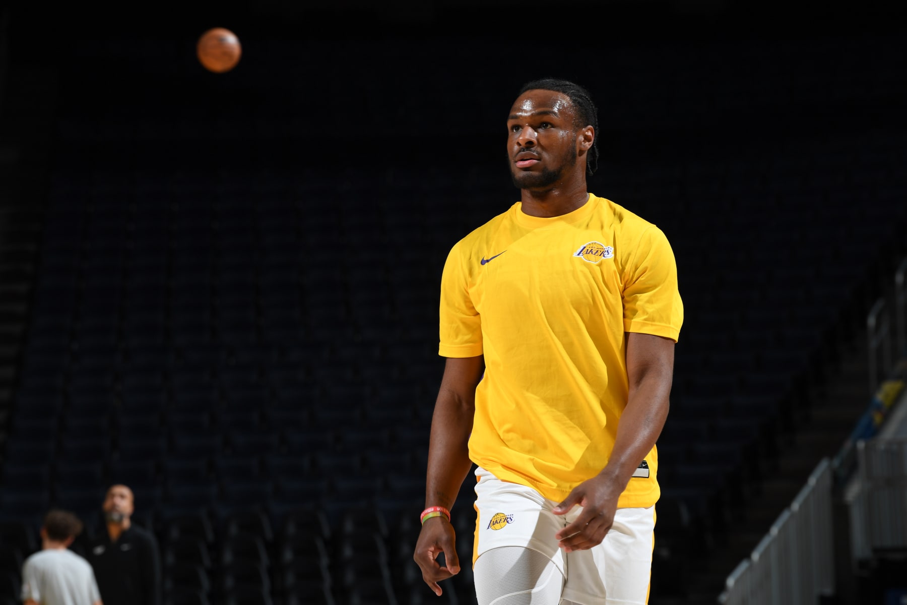 SAN FRANCISCO, CA - JULY 10: Bronny James Jr. #9 of the Los Angeles Lakers warms up before the game against the Miami Heat during the 2024 NBA California Classic Summer League game on July 7, 2024 at Chase Center in San Francisco, California. NOTE TO USER: User expressly acknowledges and agrees that, by downloading and or using this photograph, user is consenting to the terms and conditions of Getty Images License Agreement. Mandatory Copyright Notice: Copyright 2024 NBAE (Photo by Noah Graham/NBAE via Getty Images)