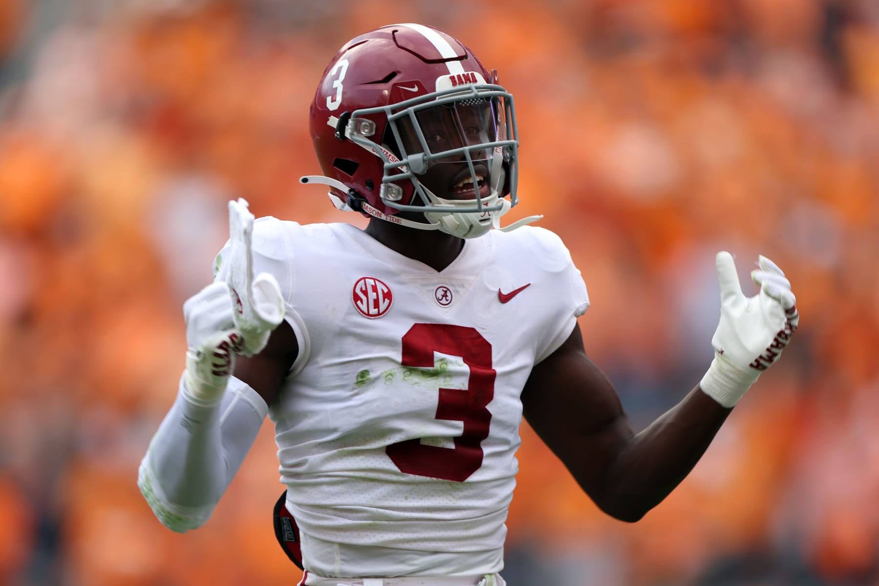 KNOXVILLE, TENNESSEE - OCTOBER 15: Defensive back Terrion Arnold #3 of the Alabama Crimson Tide comes off the field against the Tennessee Volunteers at Neyland Stadium on October 15, 2022 in Knoxville, Tennessee. Tennessee won the game 52-49. (Photo by Donald Page/Getty Images)