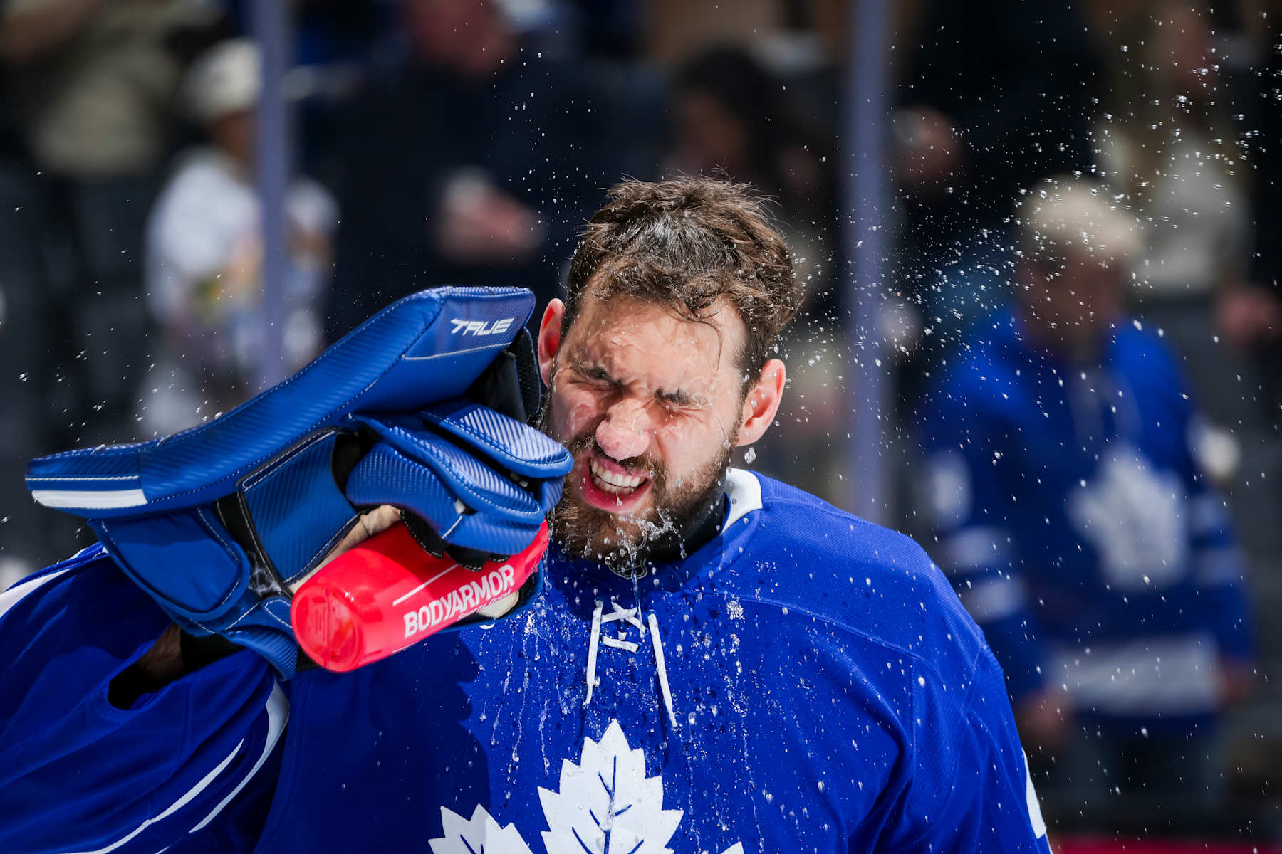 TORONTO, ON - DECEMBER 12:  Anthony Stolarz #41 of the Toronto Maple Leafs sprays some water during the first period against the Anaheim Ducks at the Scotiabank Arena on December 12, 2024 in Toronto, Ontario, Canada. (Photo by Kevin Sousa/NHLI via Getty Images)