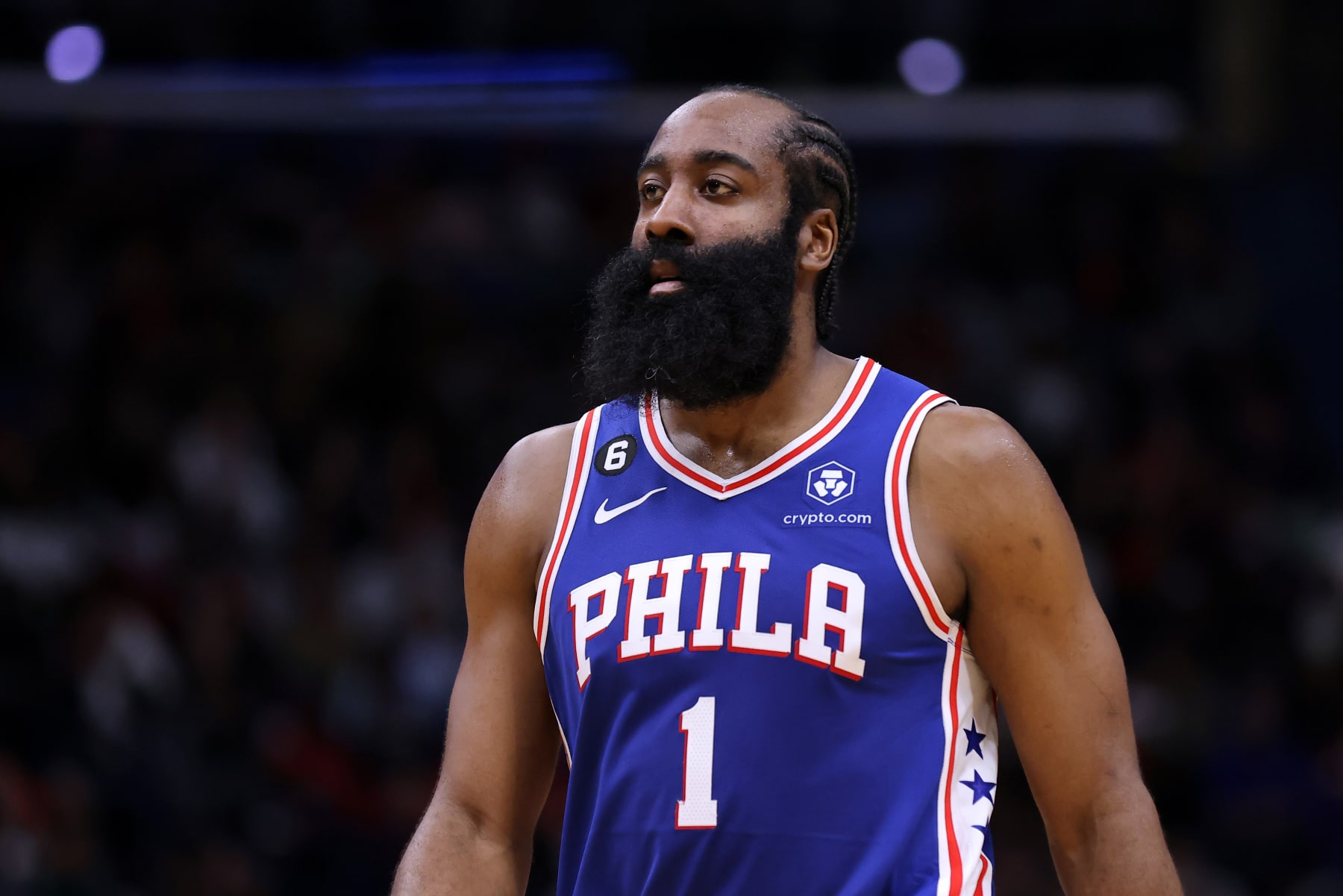 NEW ORLEANS, LOUISIANA - DECEMBER 30: James Harden #1 of the Philadelphia 76ers reacts against the New Orleans Pelicans during a game at the Smoothie King Center on December 30, 2022 in New Orleans, Louisiana. NOTE TO USER: User expressly acknowledges and agrees that, by downloading and or using this Photograph, user is consenting to the terms and conditions of the Getty Images License Agreement. (Photo by Jonathan Bachman/Getty Images)