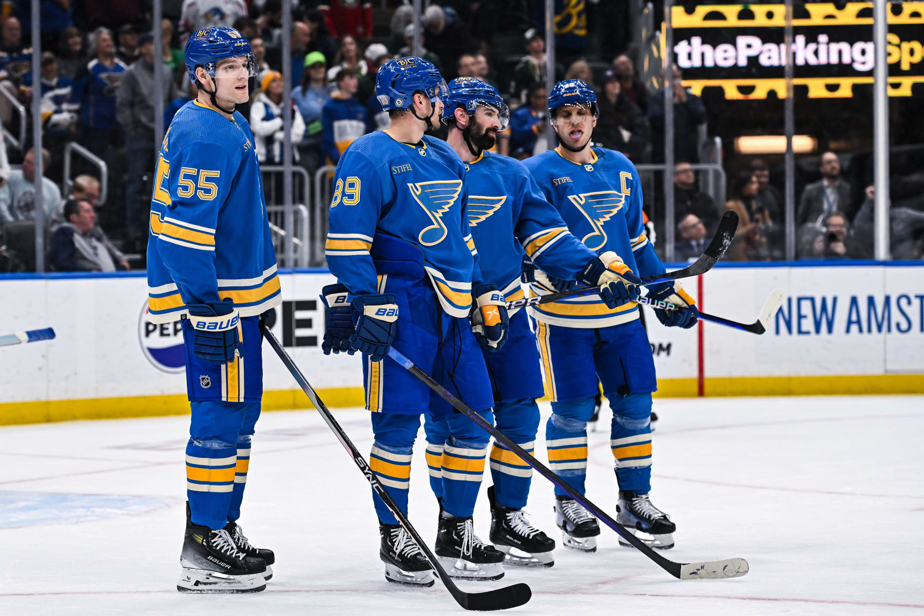 ST. LOUIS, MO - March 16: St. Louis Blues defenseman Colton Parayko (55), St. Louis Blues left wing Pavel Buchnevich (89), St. Louis Blues defenseman Nick Leddy (4) and St. Louis Blues center Brayden Schenn (10) wait for the official clock review late in the third period during a regular season game between the Minnesota Wild and the St. Louis Blues on March 16, 2024, at the Enterprise Center in St. Louis MO (Photo by Rick Ulreich/Icon Sportswire via Getty Images)