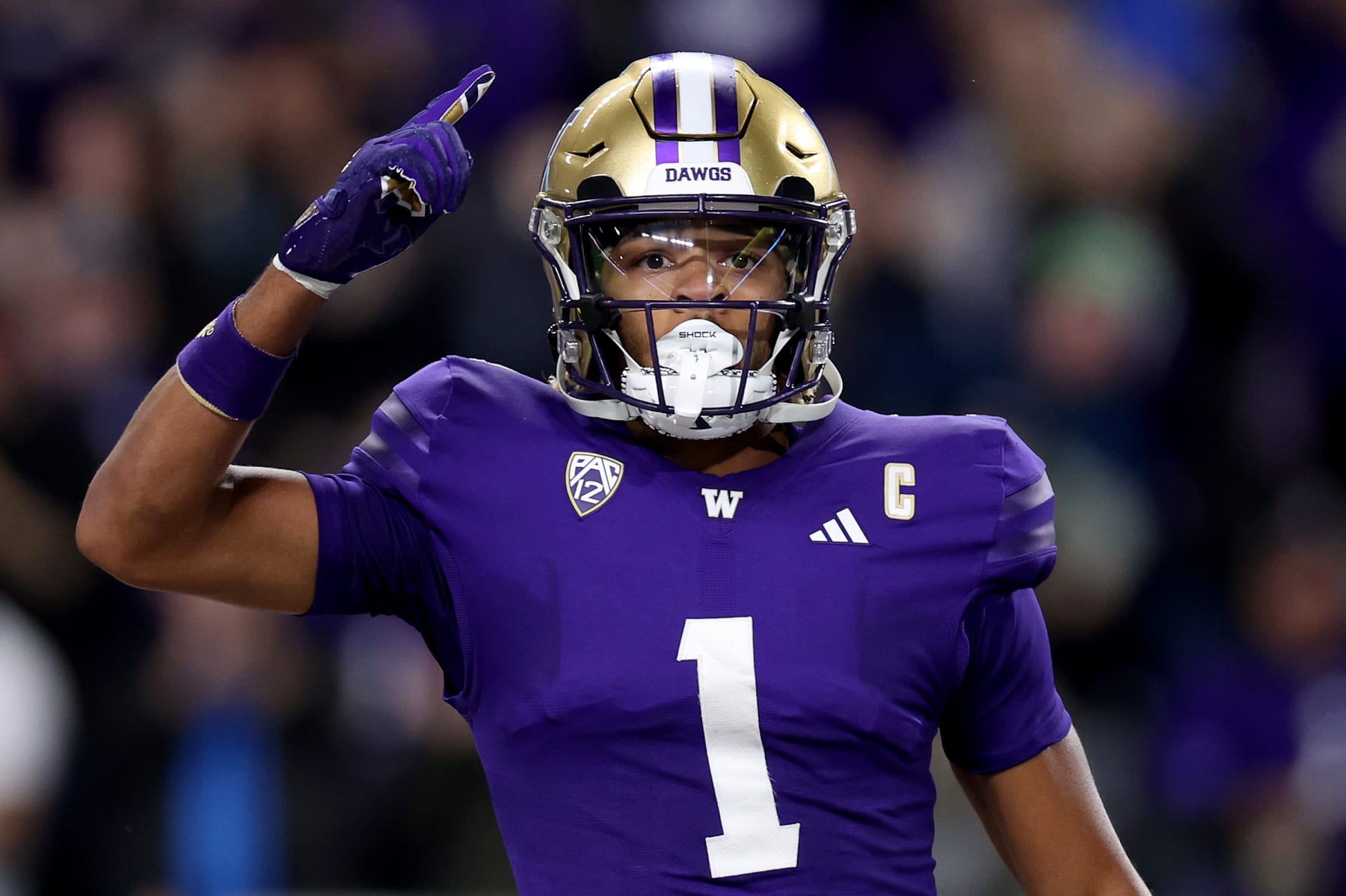 SEATTLE, WASHINGTON - SEPTEMBER 23: Rome Odunze #1 of the Washington Huskies celebrates his touchdown during the first quarter against the California Golden Bears at Husky Stadium on September 23, 2023 in Seattle, Washington. (Photo by Steph Chambers/Getty Images)