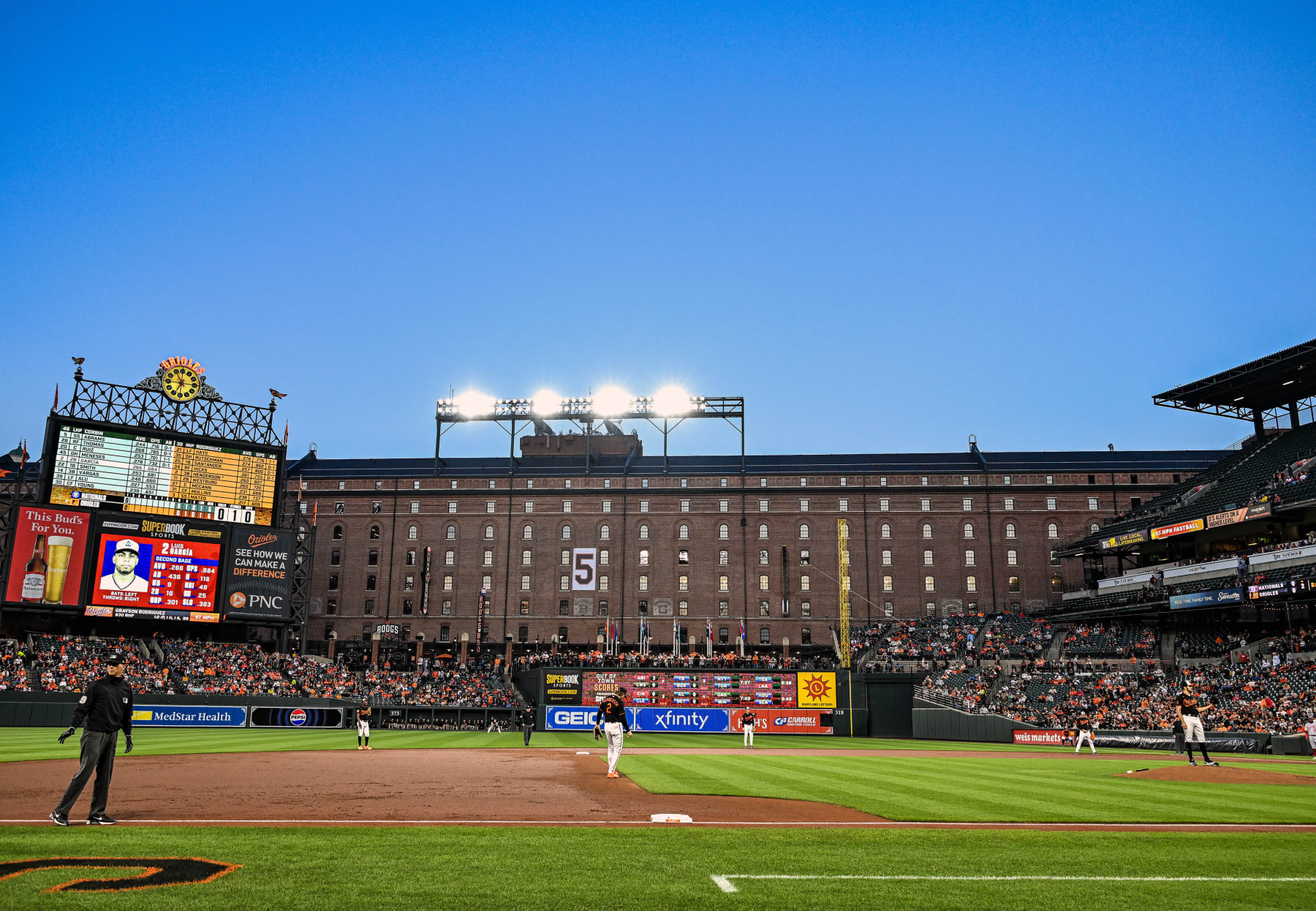 BALTIMORE, MD - September 27: A general view of the Warehouse displaying the late Brooks Robinson's number during the Washington Nationals versus the Baltimore Orioles on September 27, 2023 at Oriole Park at Camden Yards in Baltimore, MD.  (Photo by Mark Goldman/Icon Sportswire via Getty Images)