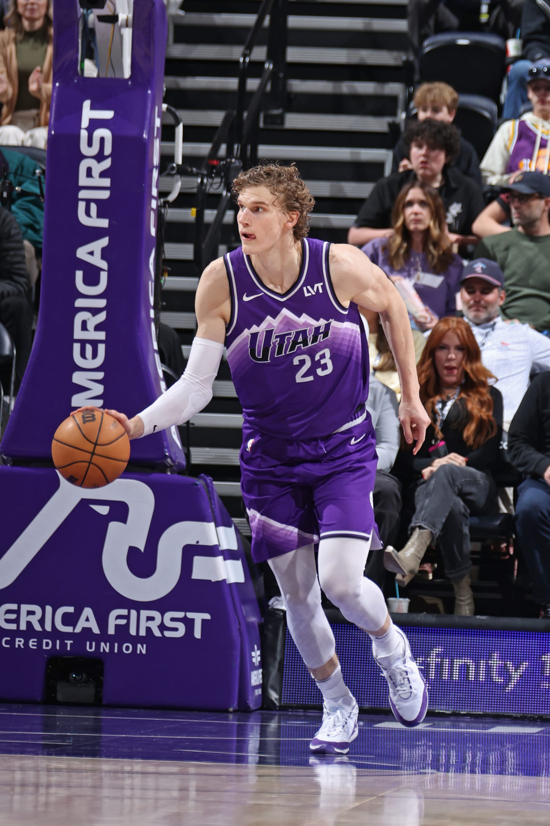 SALT LAKE CITY, UT - MARCH 18: Lauri Markkanen #23 of the Utah Jazz handles the ball during the game against the Minnesota Timberwolves on March 18, 2024 at Delta Center in Salt Lake City, Utah. NOTE TO USER: User expressly acknowledges and agrees that, by downloading and or using this Photograph, User is consenting to the terms and conditions of the Getty Images License Agreement. Mandatory Copyright Notice: Copyright 2024 NBAE (Photo by Melissa Majchrzak/NBAE via Getty Images)