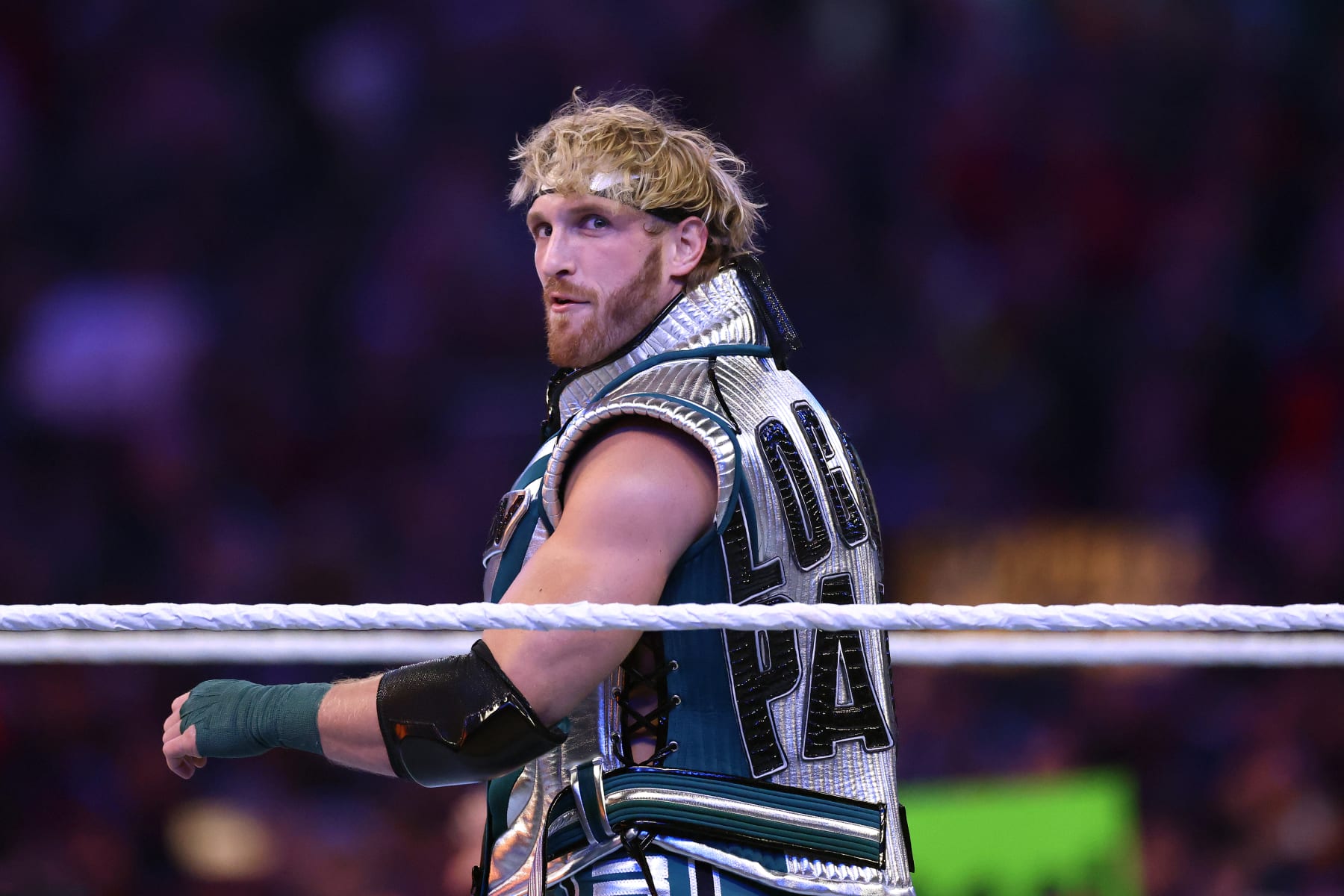 PHILADELPHIA, PENNSYLVANIA - APRIL 07: Logan Paul is introduced before a United States Triple Threat match against Randy Orton and Kevin Owens during Night Two at Lincoln Financial Field on April 07, 2024 in Philadelphia, Pennsylvania.  (Photo by Tim Nwachukwu/Getty Images)