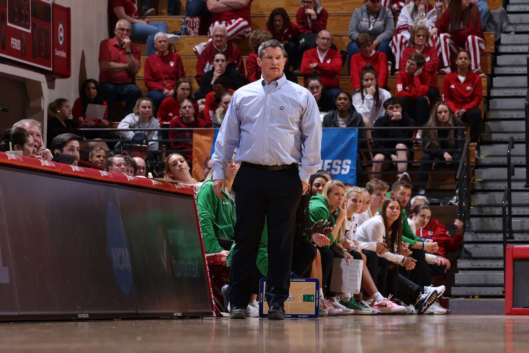 BLOOMINGTON, INDIANA - MARCH 23: Head coach Karl Smesko of the Florida Gulf Coast Eagles directs his team against the Oklahoma Sooners during the first round of the 2024 NCAA Women's Basketball Tournament held at Simon Skjodt Assembly Hall on March 23, 2024 in Bloomington, Indiana. (Photo by Joe Robbins/NCAA Photos/NCAA Photos via Getty Images)