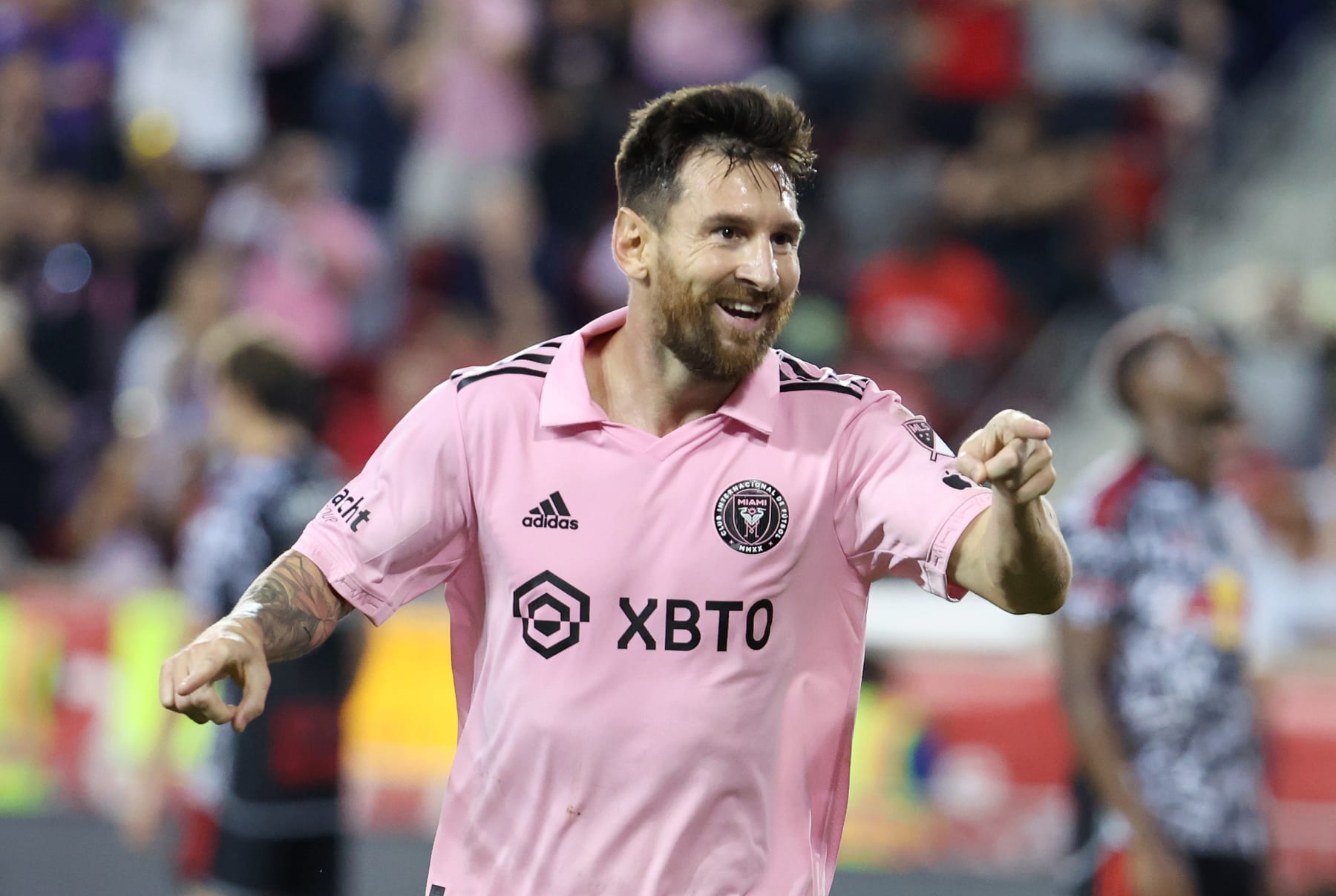 HARRISON, NEW JERSEY - AUGUST 26:  Lionel Messi #10 of Inter Miami CF celebrates after scoring a goal in the second half during a match between Inter Miami CF and New York Red Bulls  at Red Bull Arena on August 26, 2023 in Harrison, New Jersey. (Photo by Al Bello/Getty Images)