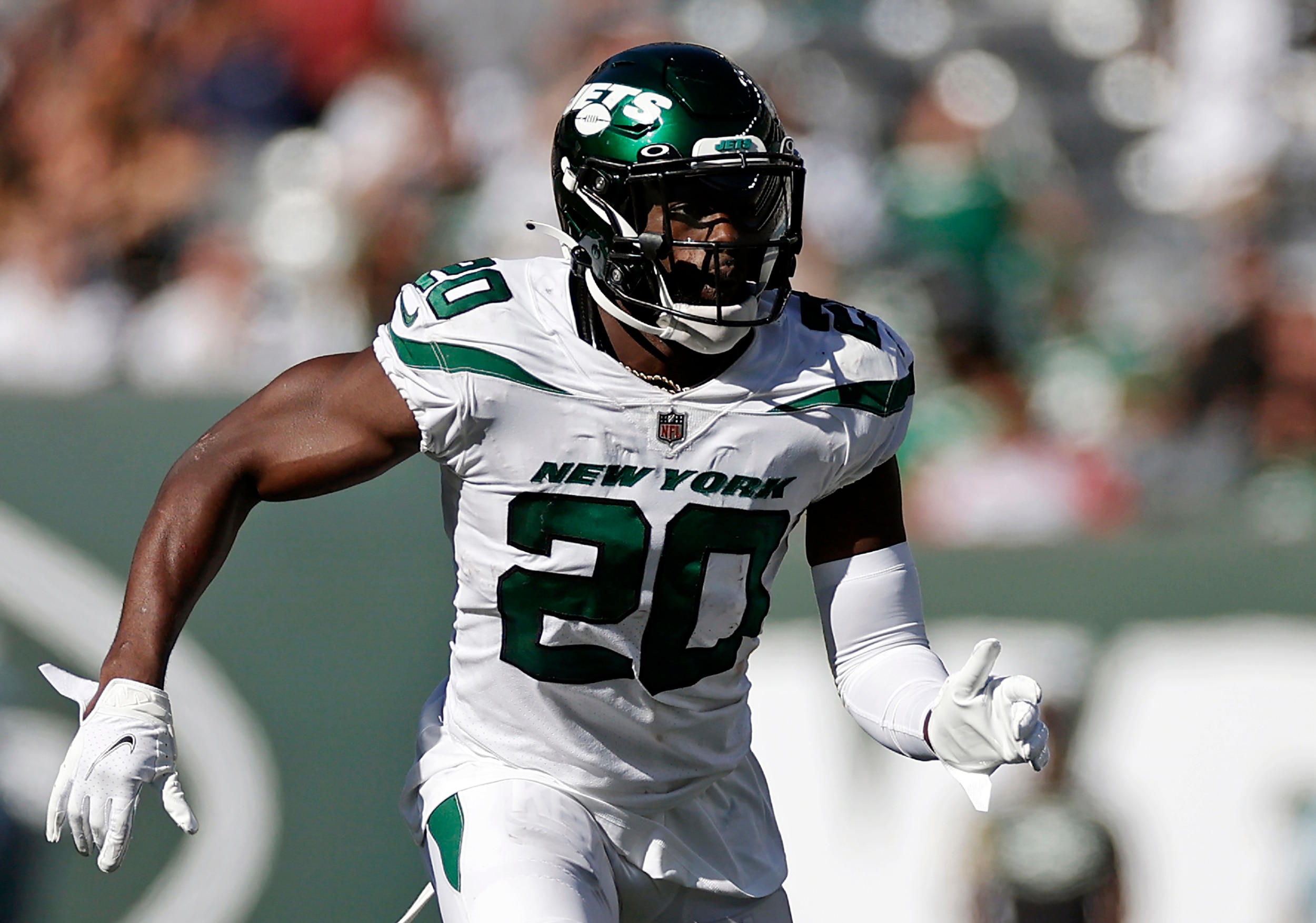 FILE - In this Sept. 19, 2021, file photo, New York Jets free safety Marcus Maye plays in the team's NFL football game against the New England Patriots in East Rutherford, N.J. The star safety, a team captain last season and its longest-tenured player, declined to explain why he opted to not tell the Jets until after the news of his DUI arrest in February was reported in October. Maye acknowledged coach Robert Saleh seemed blindsided by it when Maye told him. (AP Photo/Adam Hunger, File)